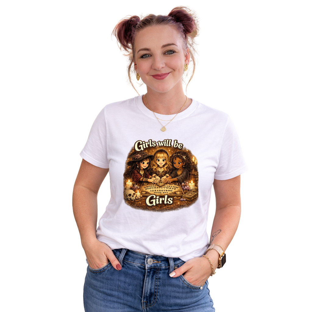 Girls Will Be Girls Kids Tee — Vintage Floral Trio Graphic Shirt - Witchy Girls Ouija Board Shirt - Spooky Cute Girls Shirt