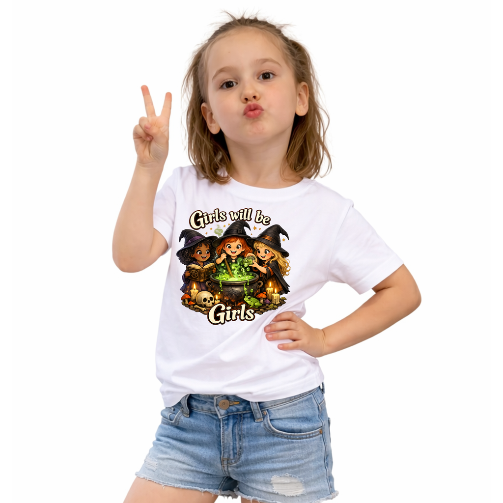 Kids Witch Tee — "Girls Will Be Girls" Halloween Graphic Shirt - Girls Will Be Girls Witch T-Shirt — Cute Halloween Witch Trio Graphic Tee - Girls Will Be Girls Witch Shirt – Cute Pink Halloween Graphic Tee, Girly Witch Aesthetic Spooky Shirt