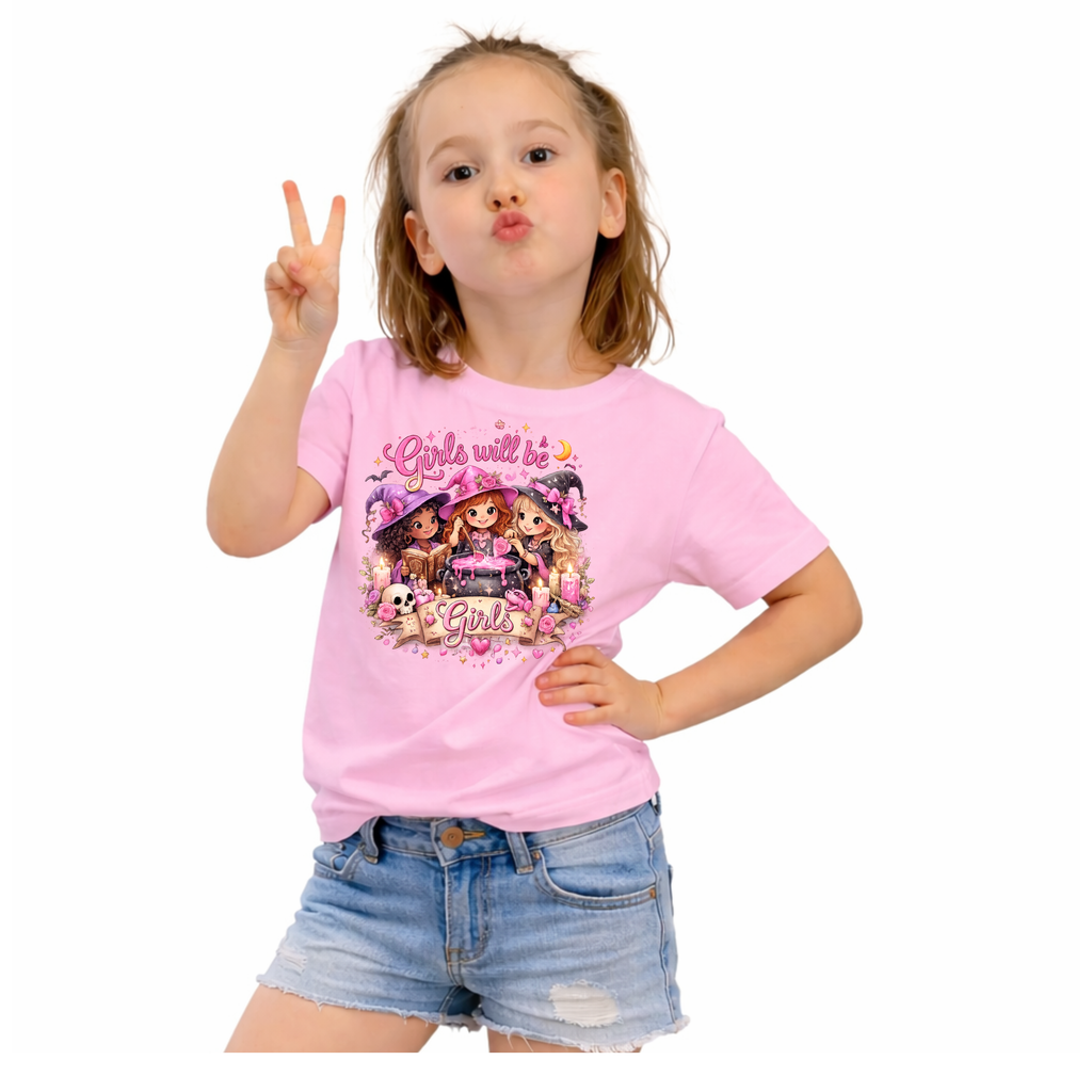 Girls Will Be Girls Kids T-Shirt — Cute Witch Costume Graphic Tee for Halloween - irls Will Be Girls T-Shirt — Cute Witch Trio Halloween Tee - Girls Will Be Girls Witch Shirt – Cute Kawaii Pink Halloween Graphic Tee, Girly Witch Aesthetic Spooky Shirt