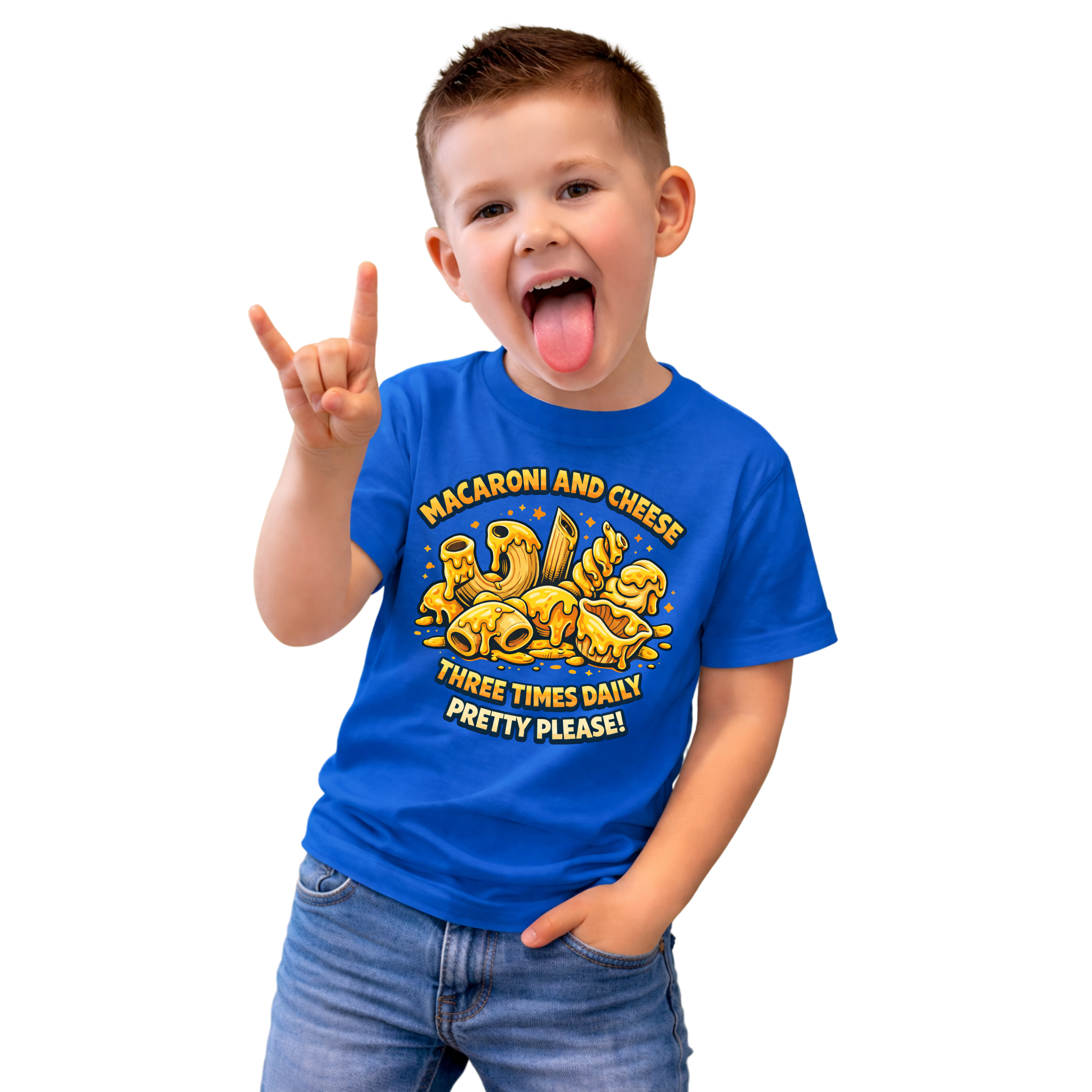 Kids Macaroni & Cheese Tee — "Macaroni and Cheese Three Times Daily, Pretty Please!"
