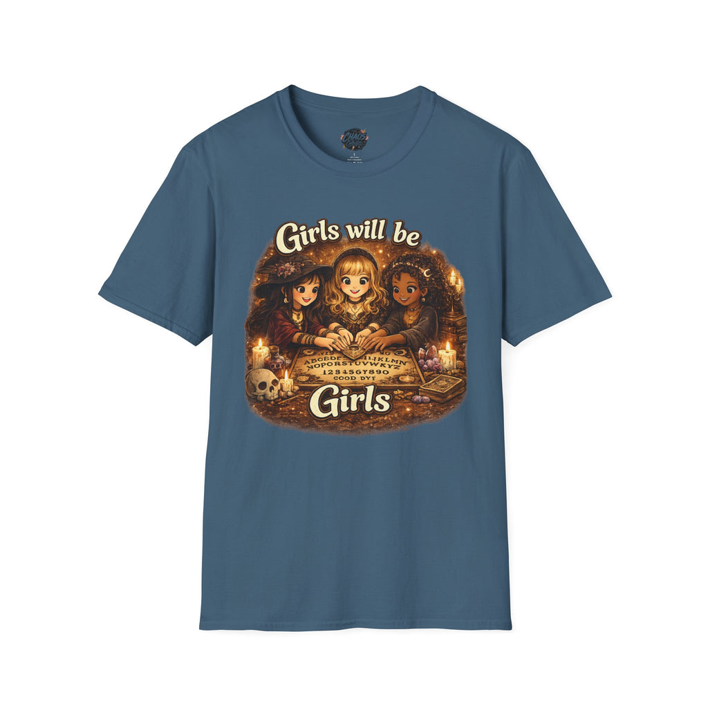 Girls Will Be Girls Kids Tee — Vintage Floral Trio Graphic Shirt - Witchy Girls Ouija Board Shirt - Spooky Cute Girls Shirt