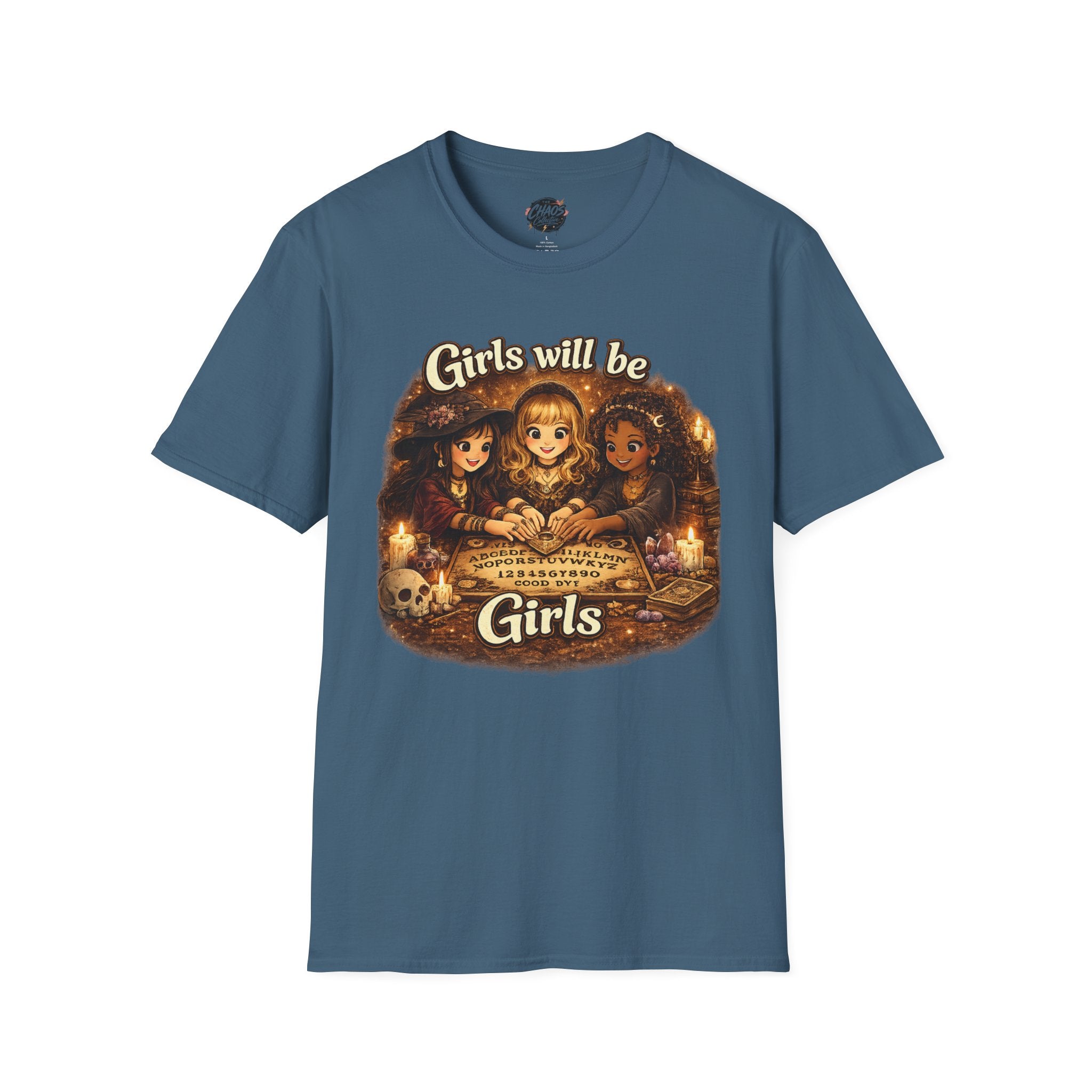 Girls Will Be Girls Kids Tee — Vintage Floral Trio Graphic Shirt - Witchy Girls Ouija Board Shirt - Spooky Cute Girls Shirt