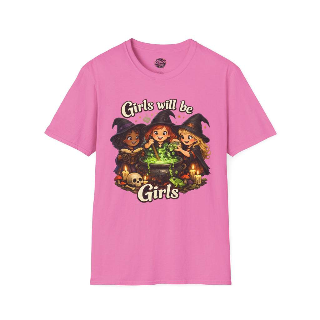 Girls Will Be Girls Witch T-Shirt — Cute Halloween Witch Trio Graphic Tee - Girls Will Be Girls Witch Shirt – Cute Pink Halloween Graphic Tee, Girly Witch Aesthetic Spooky Shirt