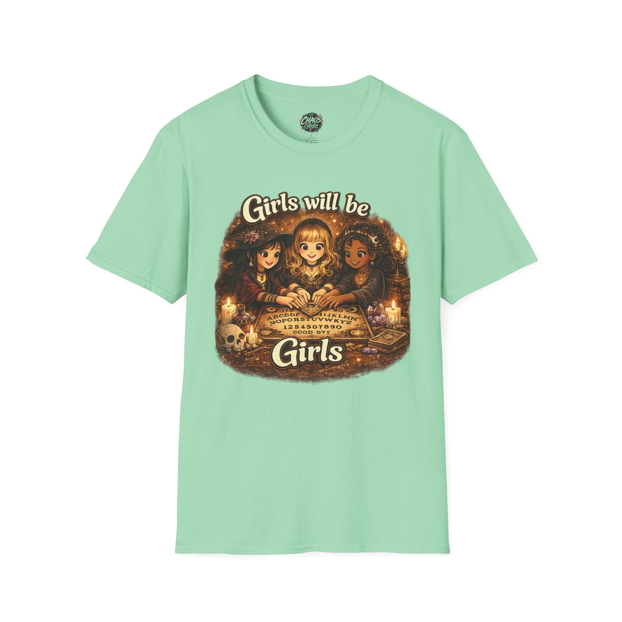 Girls Will Be Girls Kids Tee — Vintage Floral Trio Graphic Shirt - Witchy Girls Ouija Board Shirt - Spooky Cute Girls Shirt