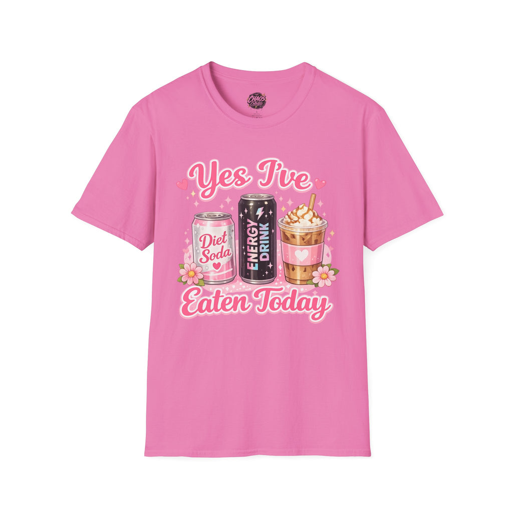 Funny Caffeine Lover Shirt – “Yes I’ve Eaten Today” Diet Soda, Energy Drink & Iced Coffee Tee – Girly Basic Coffee Girl T-Shirt