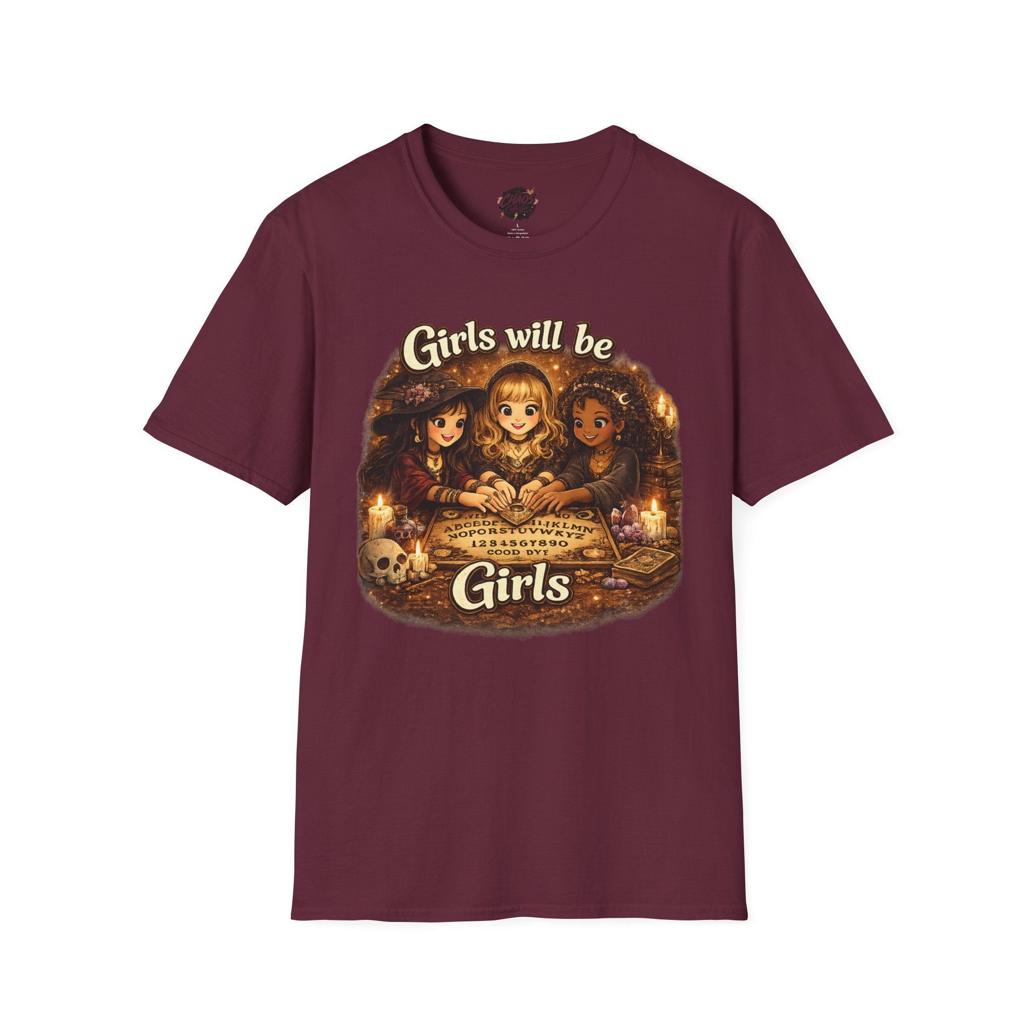 Girls Will Be Girls Kids Tee — Vintage Floral Trio Graphic Shirt - Witchy Girls Ouija Board Shirt - Spooky Cute Girls Shirt