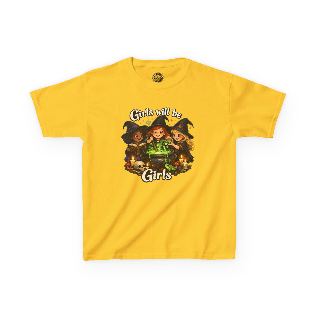 Kids Witch Tee — "Girls Will Be Girls" Halloween Graphic Shirt - Girls Will Be Girls Witch T-Shirt — Cute Halloween Witch Trio Graphic Tee - Girls Will Be Girls Witch Shirt – Cute Pink Halloween Graphic Tee, Girly Witch Aesthetic Spooky Shirt