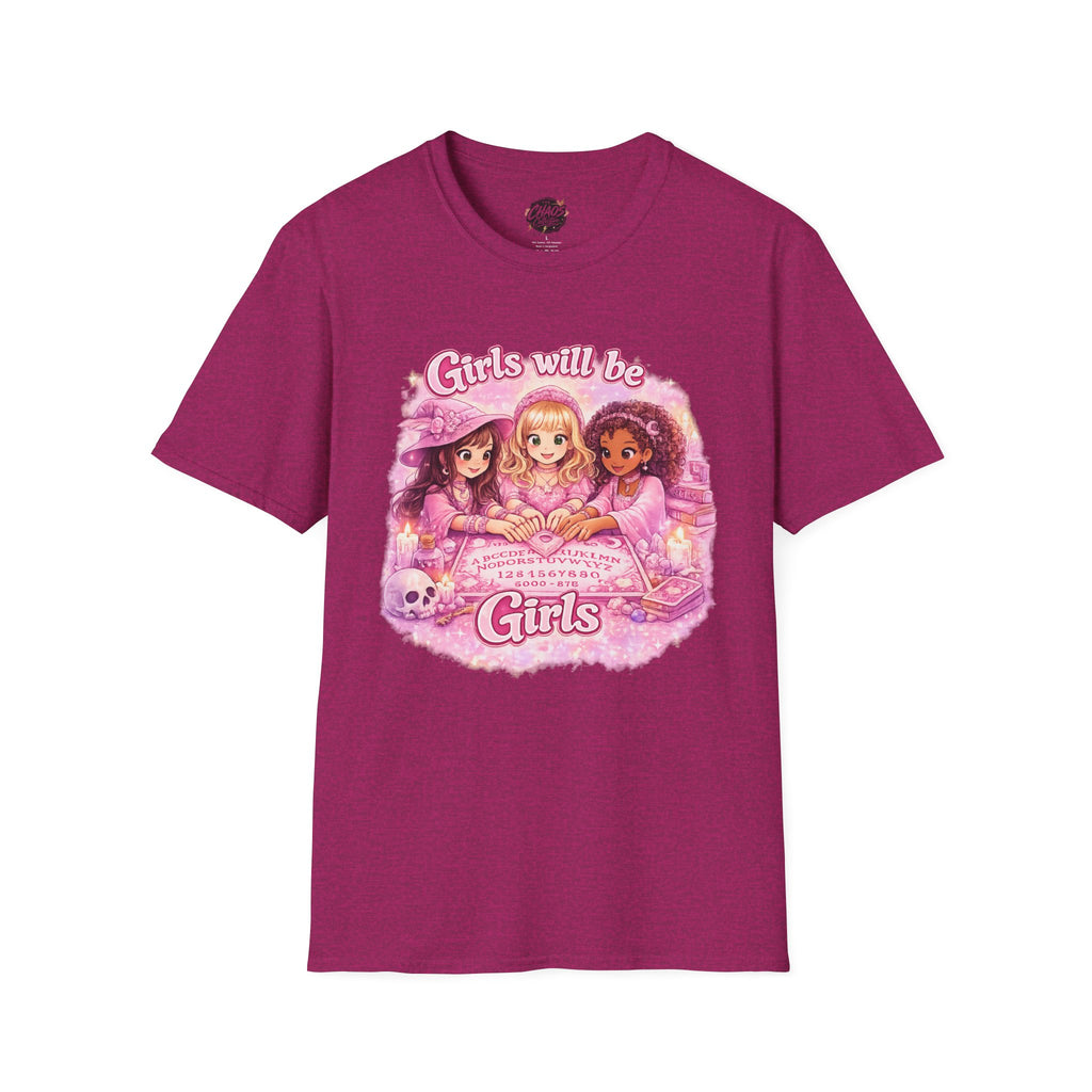 Girls Will Be Girls Women's T‑Shirt — Pink Retro Friendship Graphic Tee - Girls Will Be Girls Witchy Ouija Board Shirt - Trendy Witchcore Graphic Tee