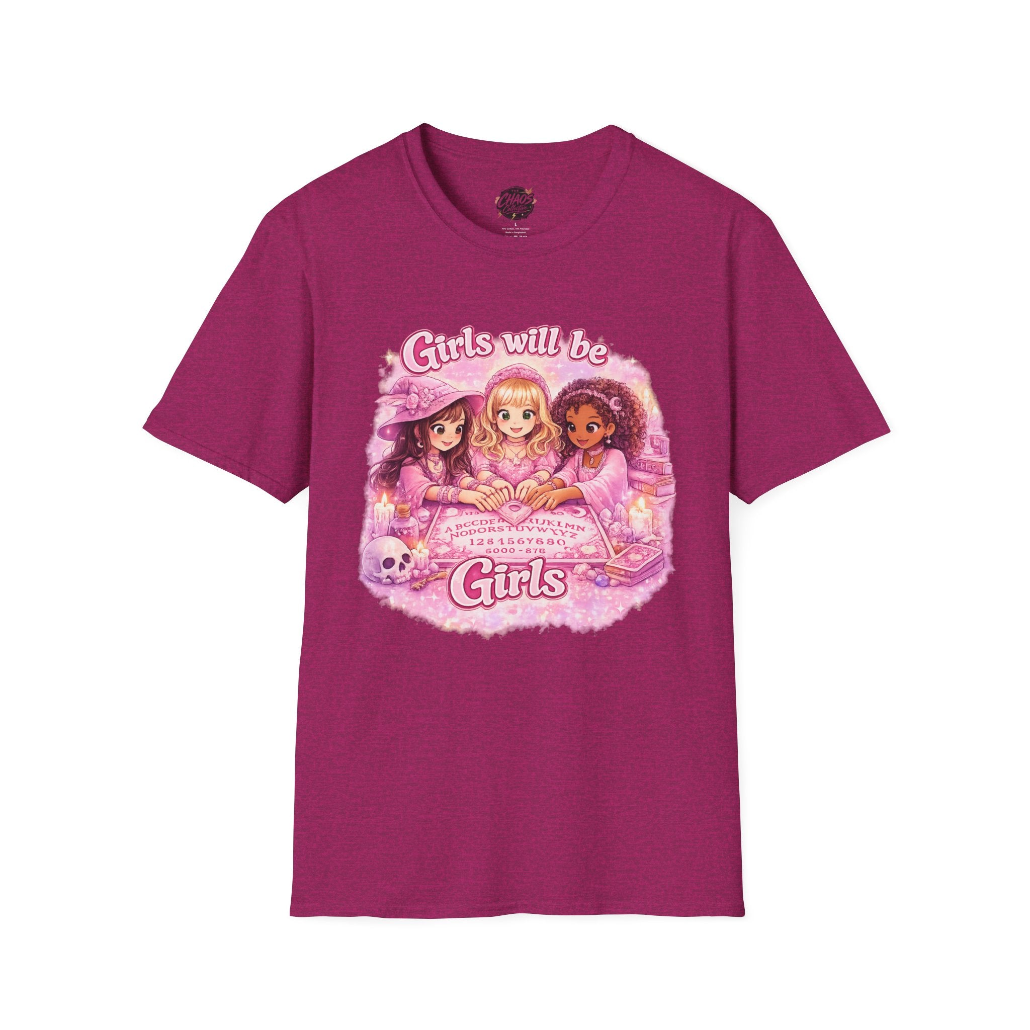 Girls Will Be Girls Women's T‑Shirt — Pink Retro Friendship Graphic Tee - Girls Will Be Girls Witchy Ouija Board Shirt - Trendy Witchcore Graphic Tee