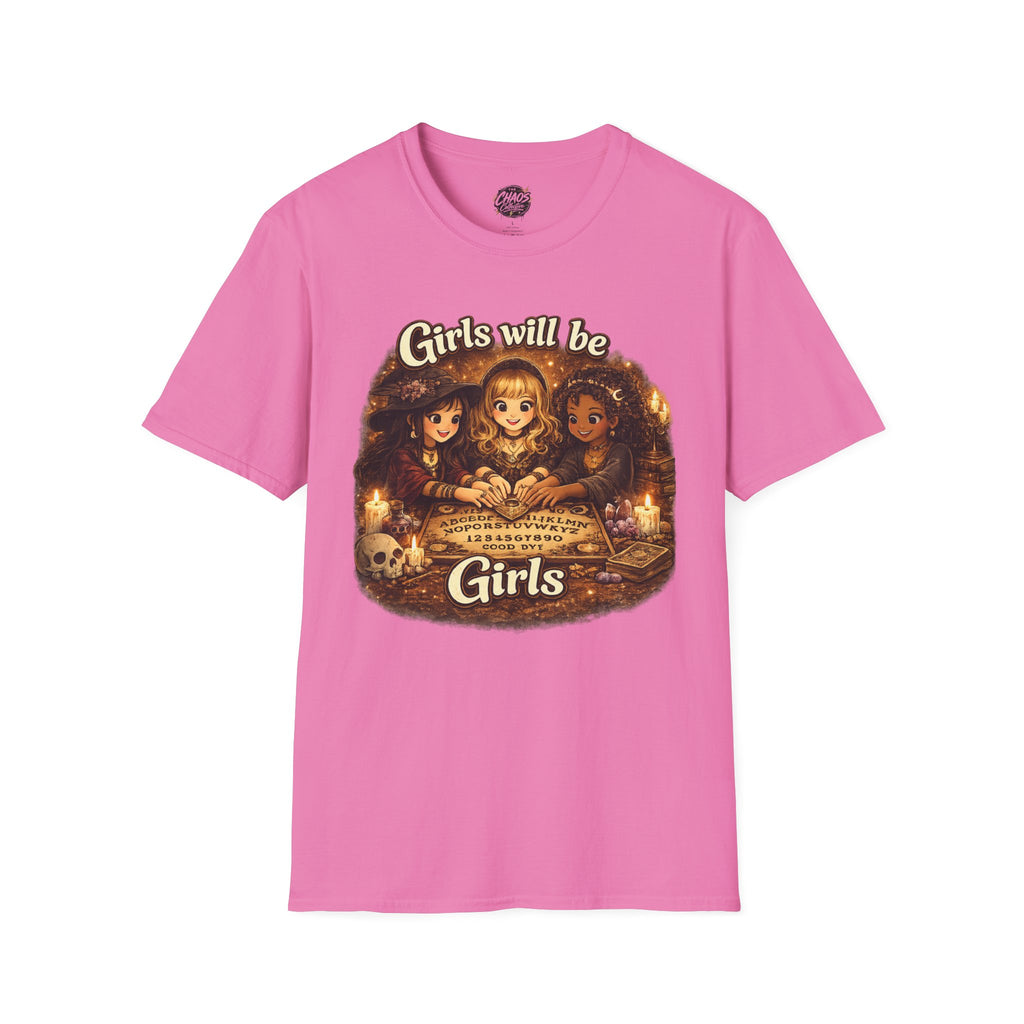 Girls Will Be Girls Kids Tee — Vintage Floral Trio Graphic Shirt - Witchy Girls Ouija Board Shirt - Spooky Cute Girls Shirt