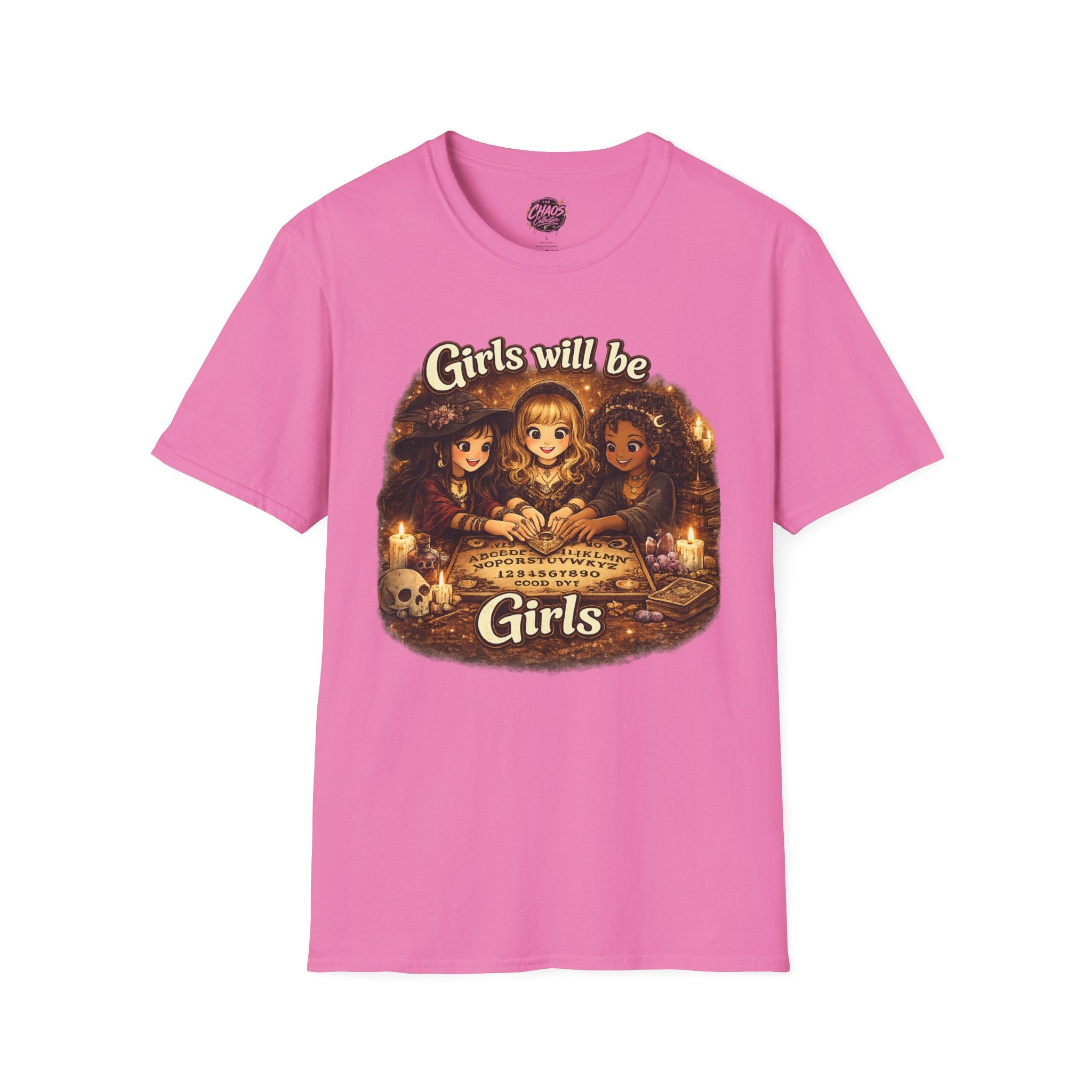Girls Will Be Girls Kids Tee — Vintage Floral Trio Graphic Shirt - Witchy Girls Ouija Board Shirt - Spooky Cute Girls Shirt