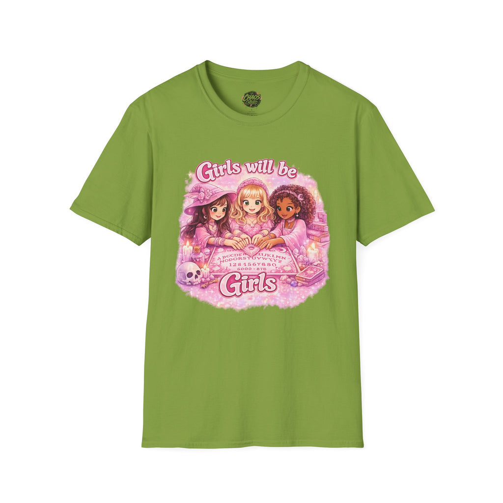 Girls Will Be Girls Women's T‑Shirt — Pink Retro Friendship Graphic Tee - Girls Will Be Girls Witchy Ouija Board Shirt - Trendy Witchcore Graphic Tee