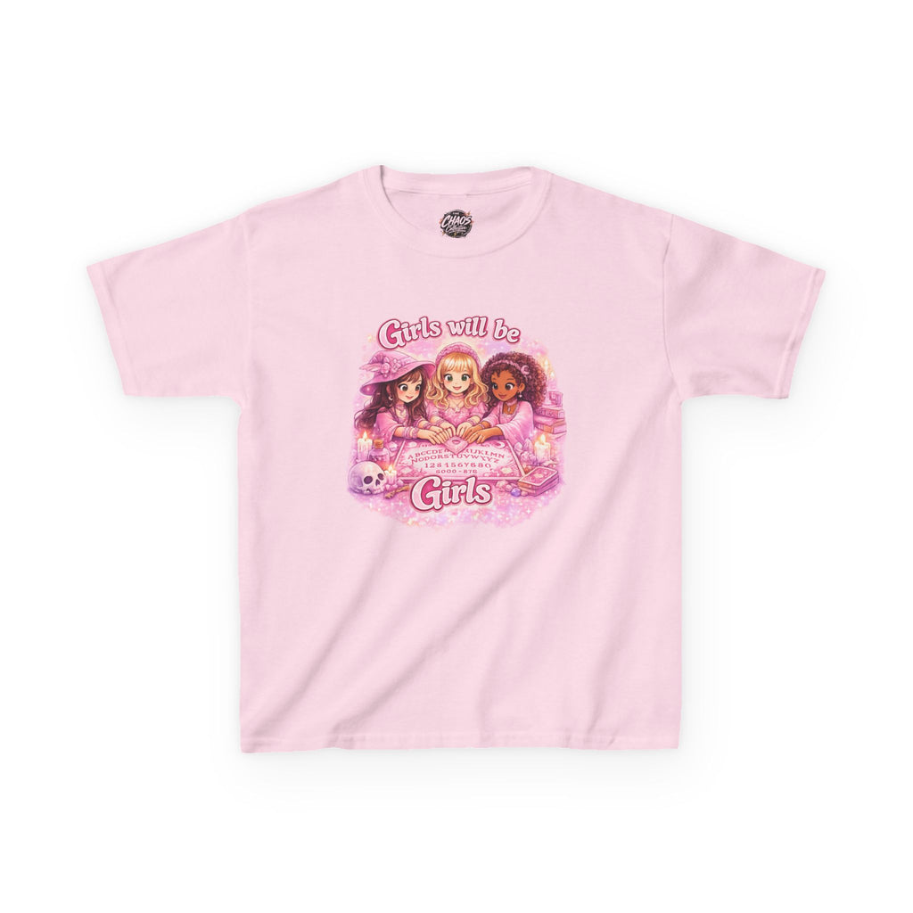 Girls Will Be Girls Kids T‑Shirt — Pink Retro Friendship Graphic Tee - Girls Will Be Girls Witchy Ouija Board Shirt - Trendy Witchcore Graphic Tee