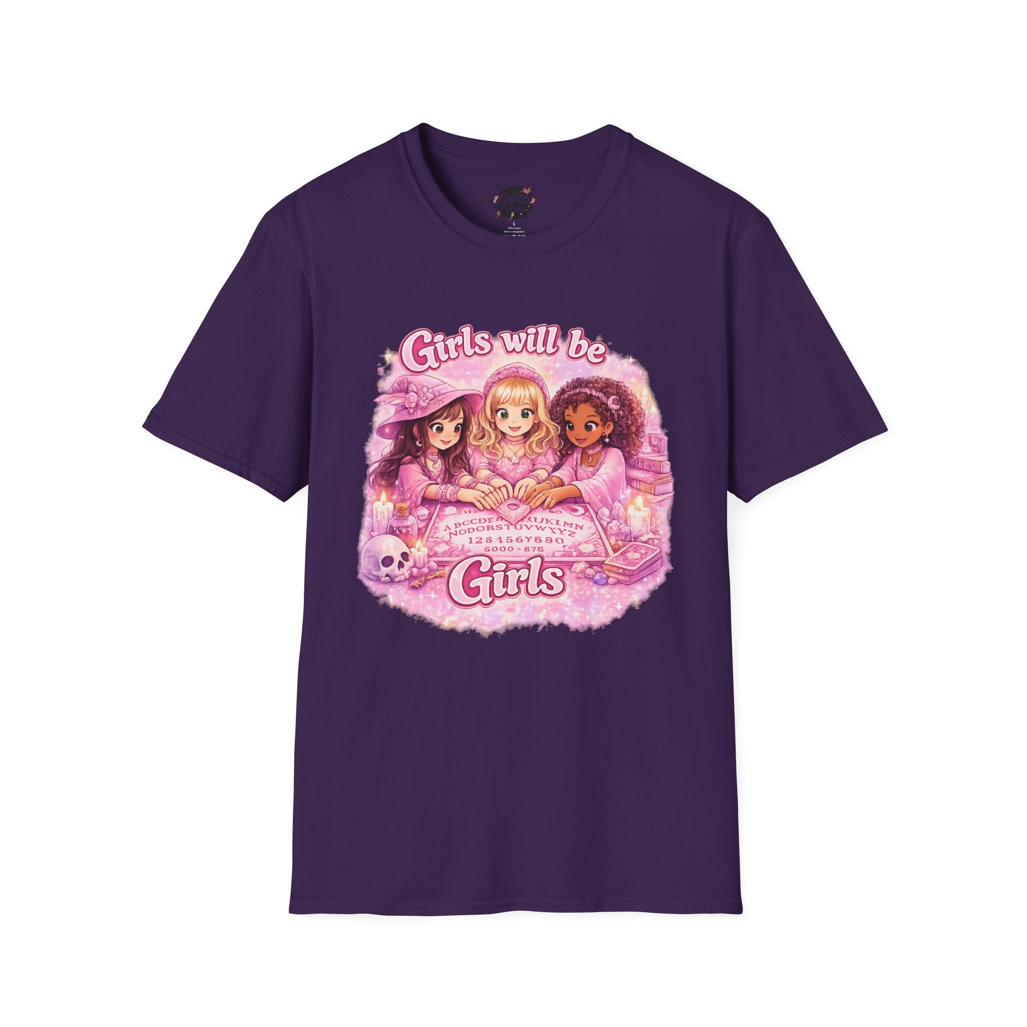 Girls Will Be Girls Women's T‑Shirt — Pink Retro Friendship Graphic Tee - Girls Will Be Girls Witchy Ouija Board Shirt - Trendy Witchcore Graphic Tee