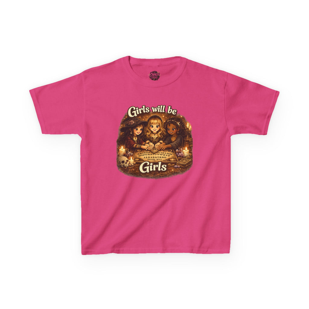 Girls Will Be Girls Kids Tee — Vintage Floral Trio Graphic Shirt - Witchy Girls Ouija Board Shirt - Spooky Cute Girls Shirt