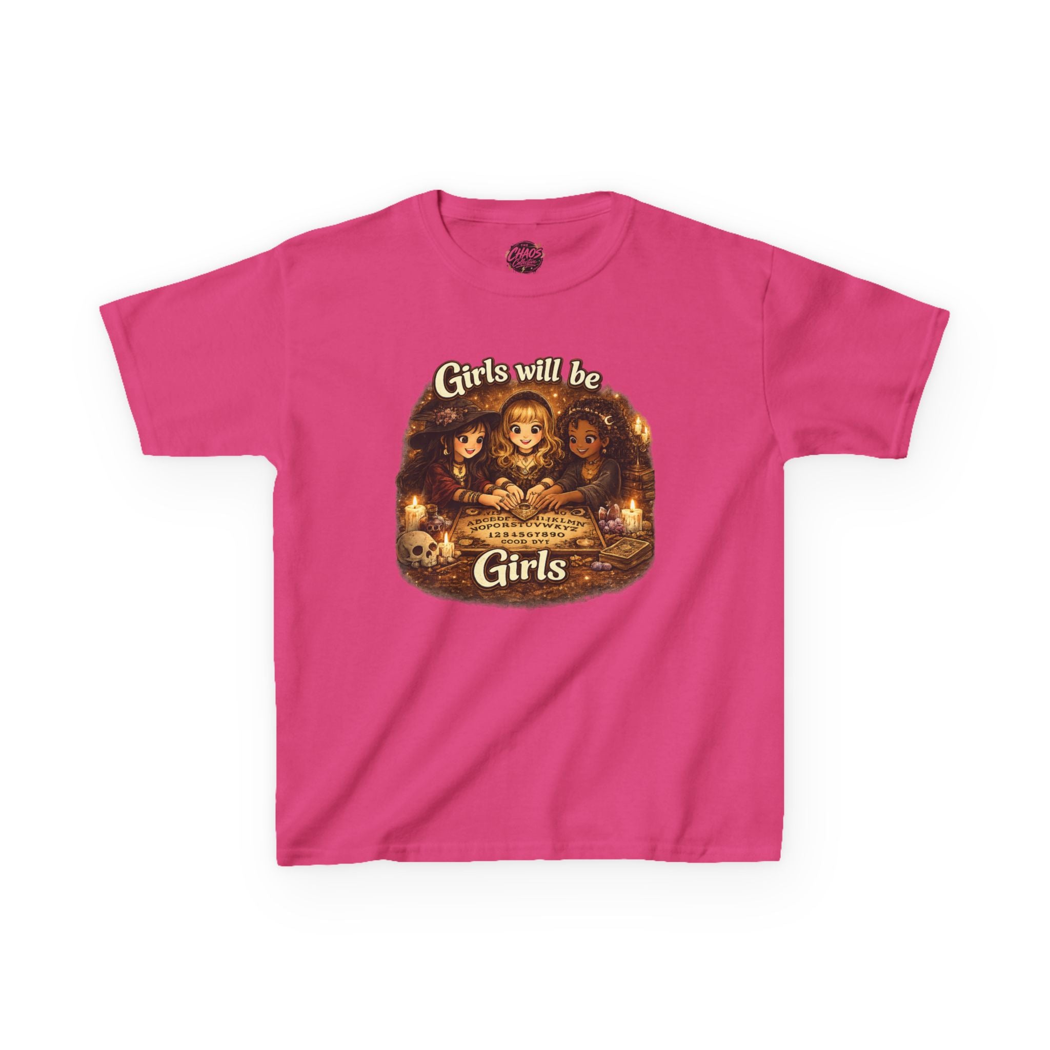 Girls Will Be Girls Kids Tee — Vintage Floral Trio Graphic Shirt - Witchy Girls Ouija Board Shirt - Spooky Cute Girls Shirt
