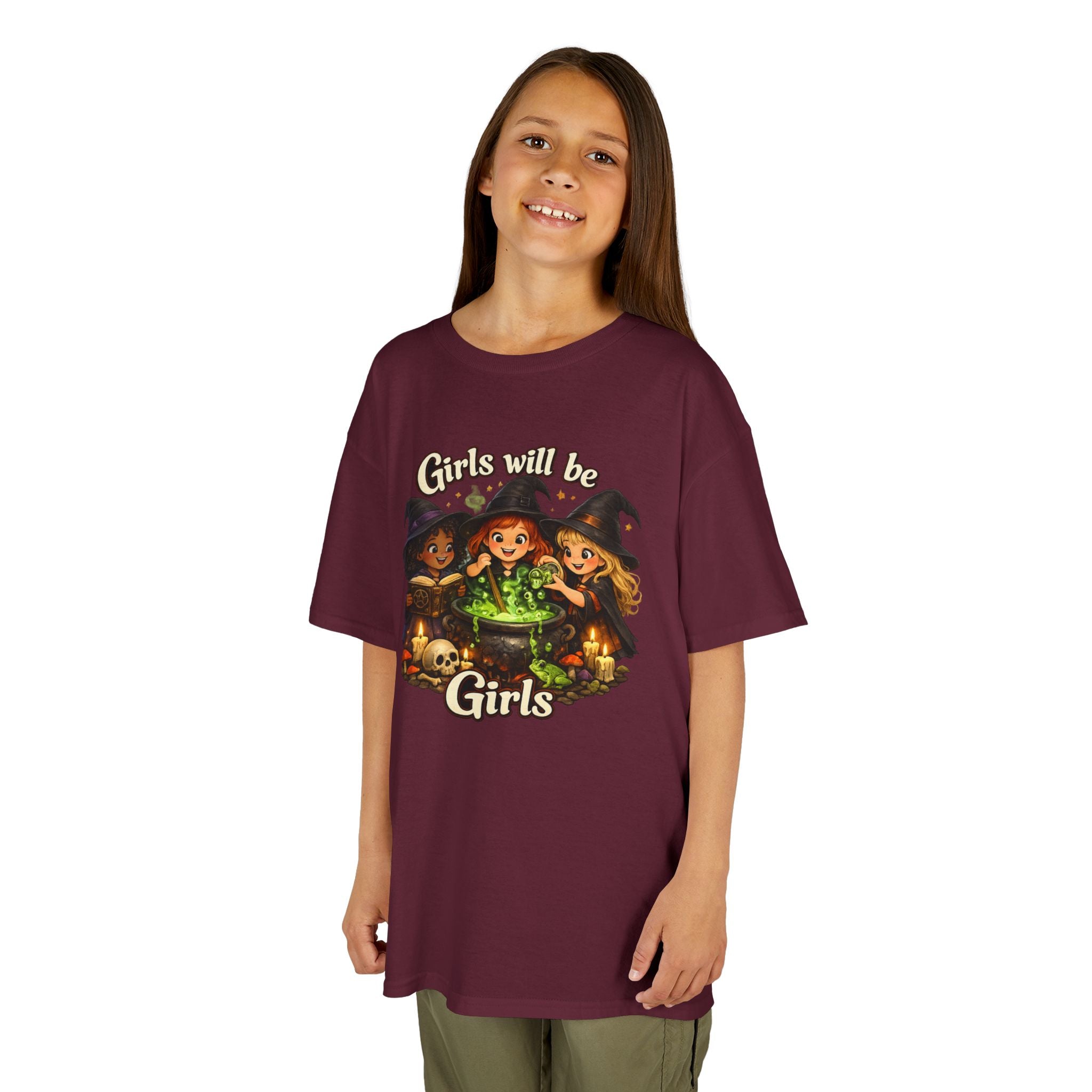 Kids Witch Tee — "Girls Will Be Girls" Halloween Graphic Shirt - Girls Will Be Girls Witch T-Shirt — Cute Halloween Witch Trio Graphic Tee - Girls Will Be Girls Witch Shirt – Cute Pink Halloween Graphic Tee, Girly Witch Aesthetic Spooky Shirt
