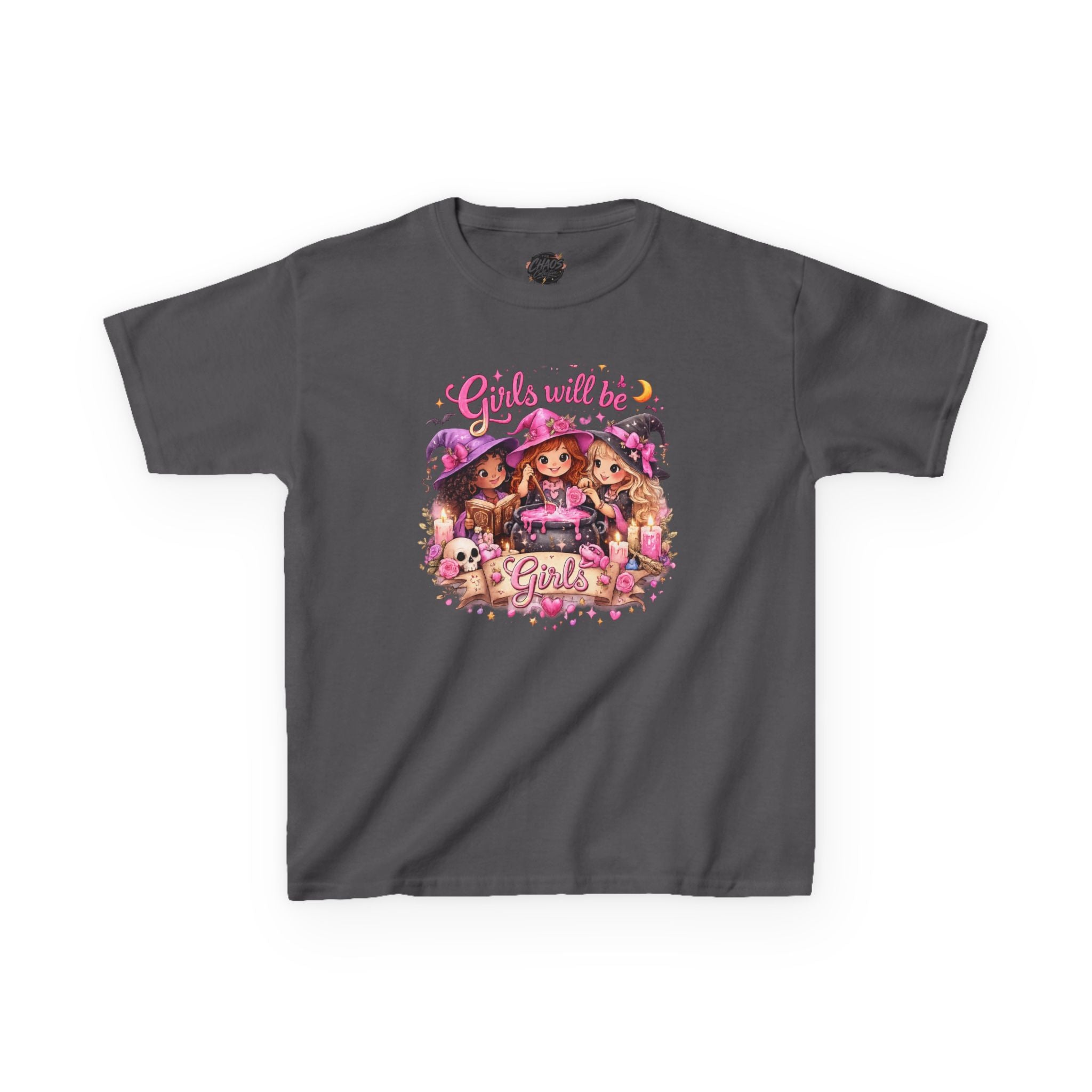 Girls Will Be Girls Kids T-Shirt — Cute Witch Costume Graphic Tee for Halloween - irls Will Be Girls T-Shirt — Cute Witch Trio Halloween Tee - Girls Will Be Girls Witch Shirt – Cute Kawaii Pink Halloween Graphic Tee, Girly Witch Aesthetic Spooky Shirt