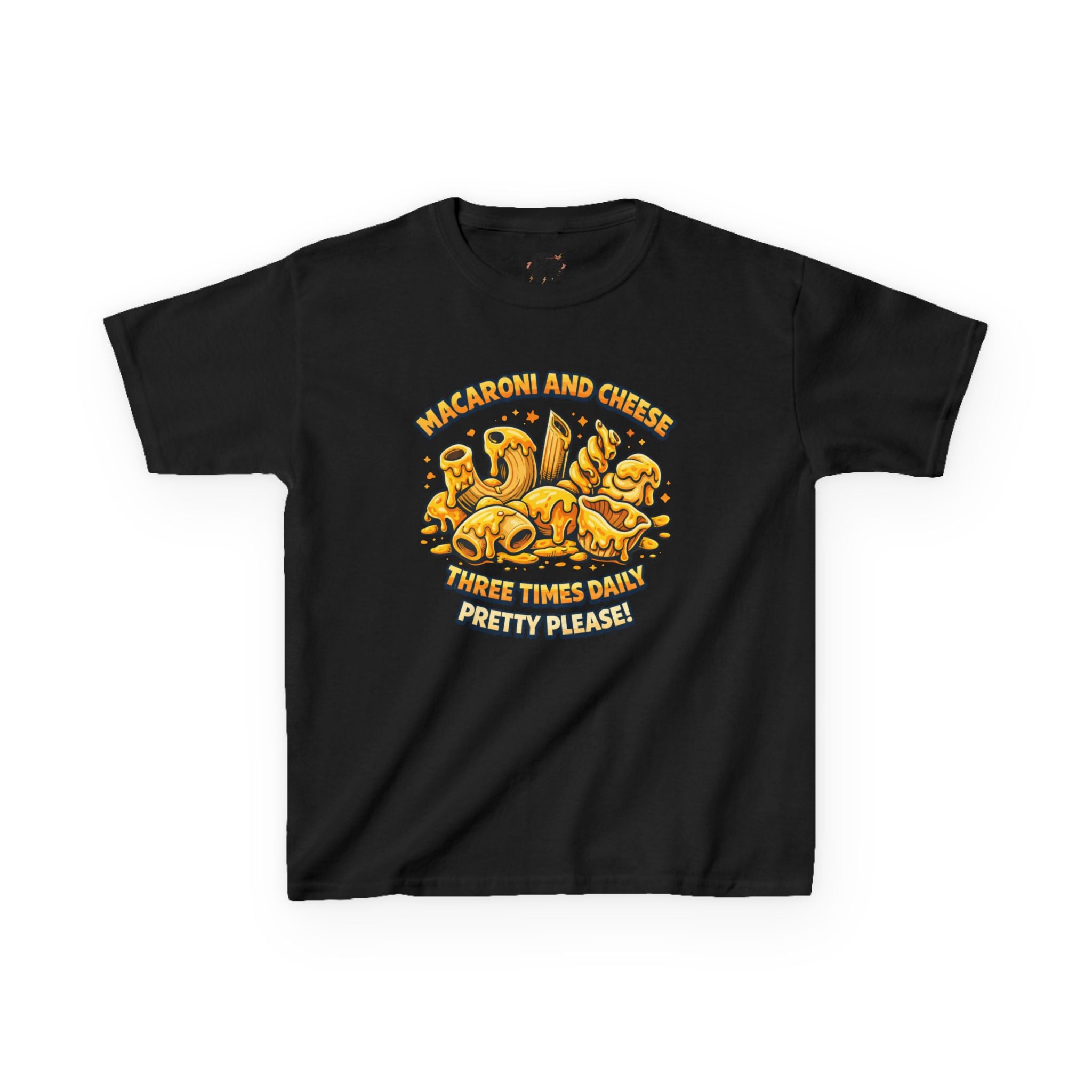 Kids Macaroni & Cheese Tee — "Macaroni and Cheese Three Times Daily, Pretty Please!"