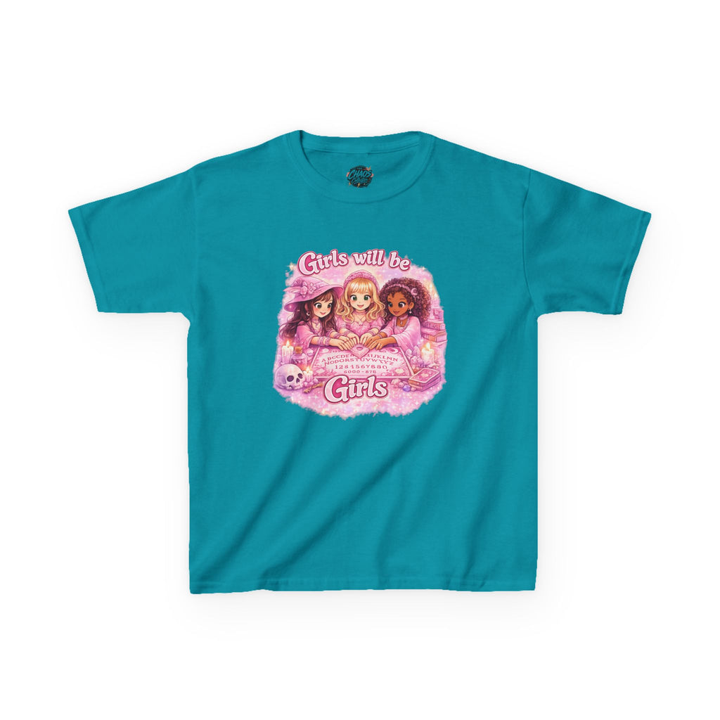 Girls Will Be Girls Kids T‑Shirt — Pink Retro Friendship Graphic Tee - Girls Will Be Girls Witchy Ouija Board Shirt - Trendy Witchcore Graphic Tee