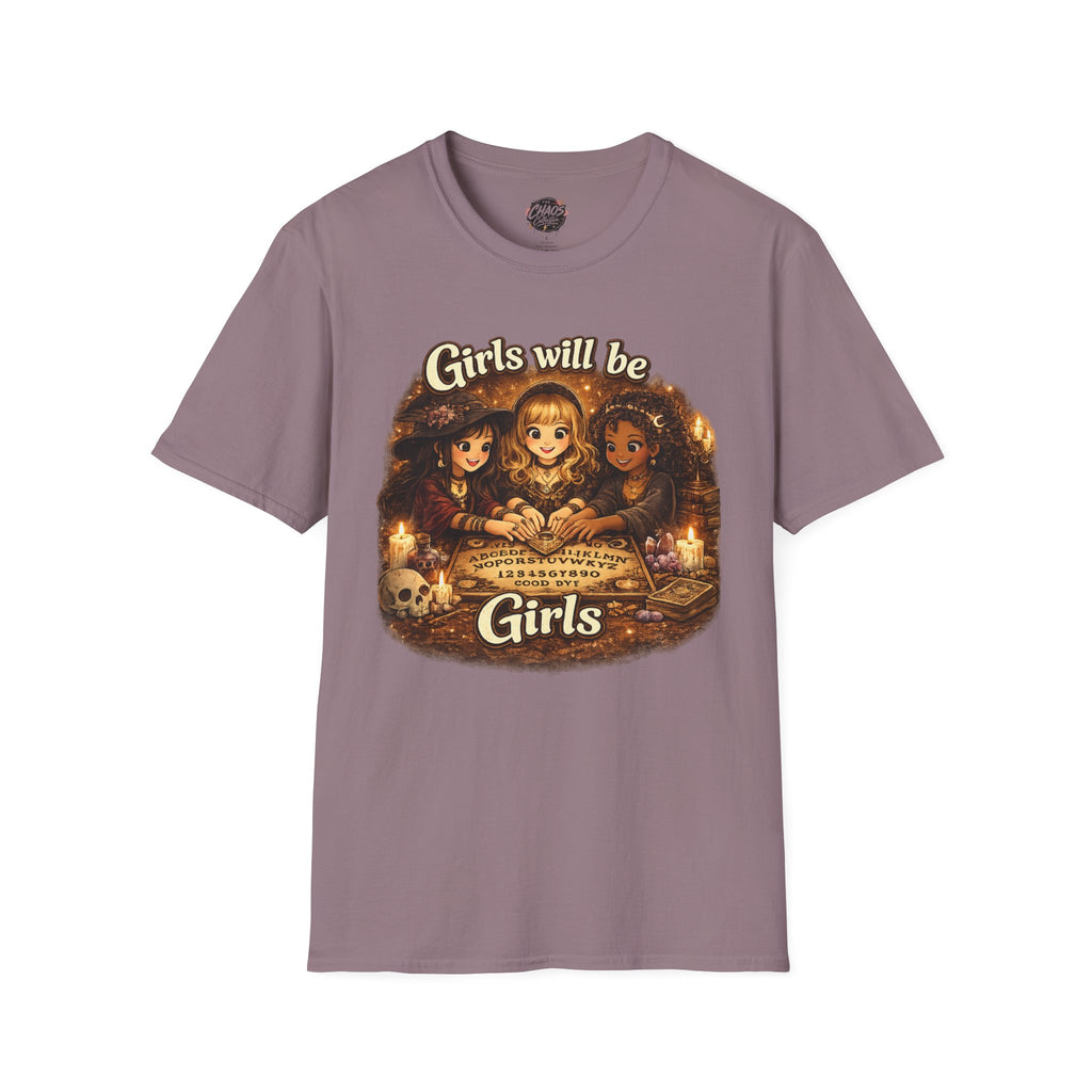 Girls Will Be Girls Kids Tee — Vintage Floral Trio Graphic Shirt - Witchy Girls Ouija Board Shirt - Spooky Cute Girls Shirt