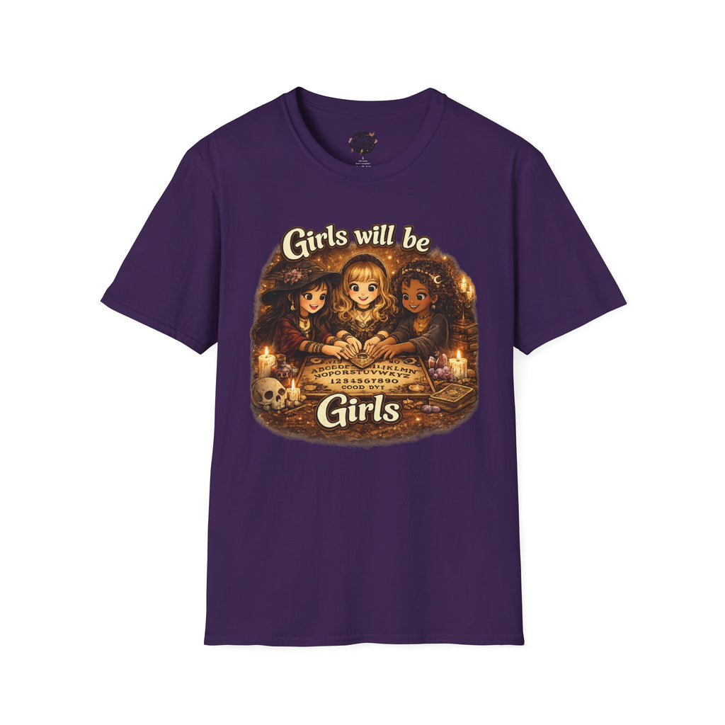 Girls Will Be Girls Kids Tee — Vintage Floral Trio Graphic Shirt - Witchy Girls Ouija Board Shirt - Spooky Cute Girls Shirt