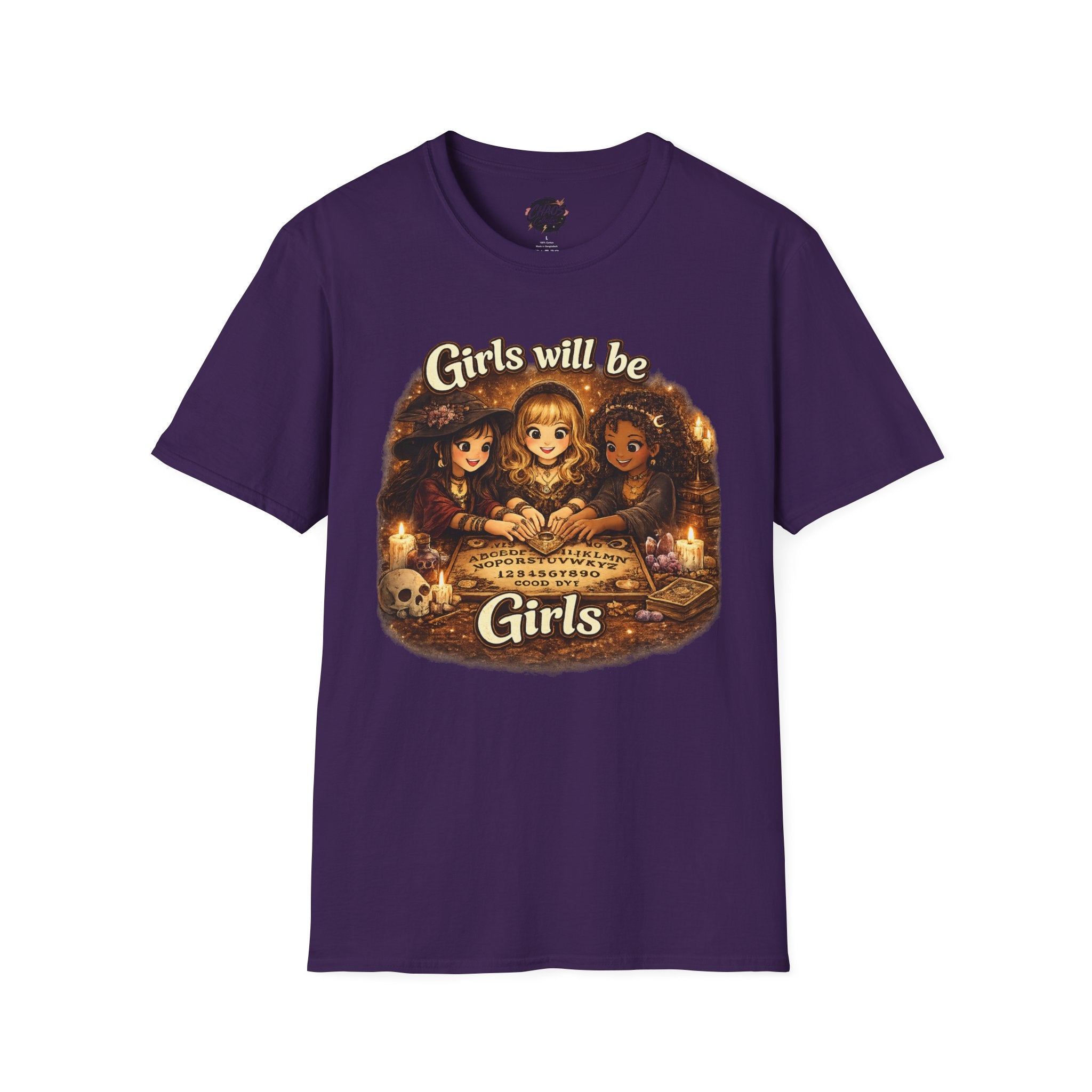 Girls Will Be Girls Kids Tee — Vintage Floral Trio Graphic Shirt - Witchy Girls Ouija Board Shirt - Spooky Cute Girls Shirt