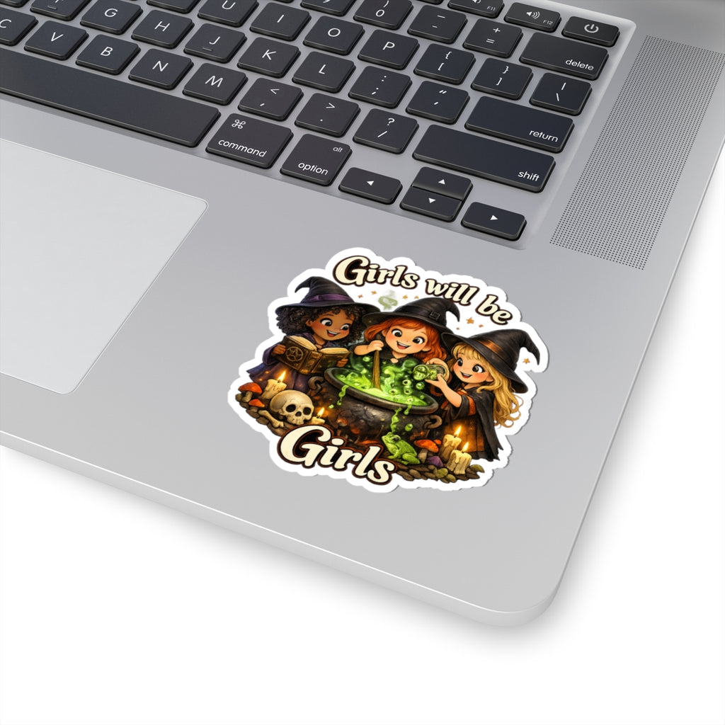 Girls Will Be Girls Witch Sticker — Cute Trio Witches Brewing Cauldron Kiss-Cut Sticker