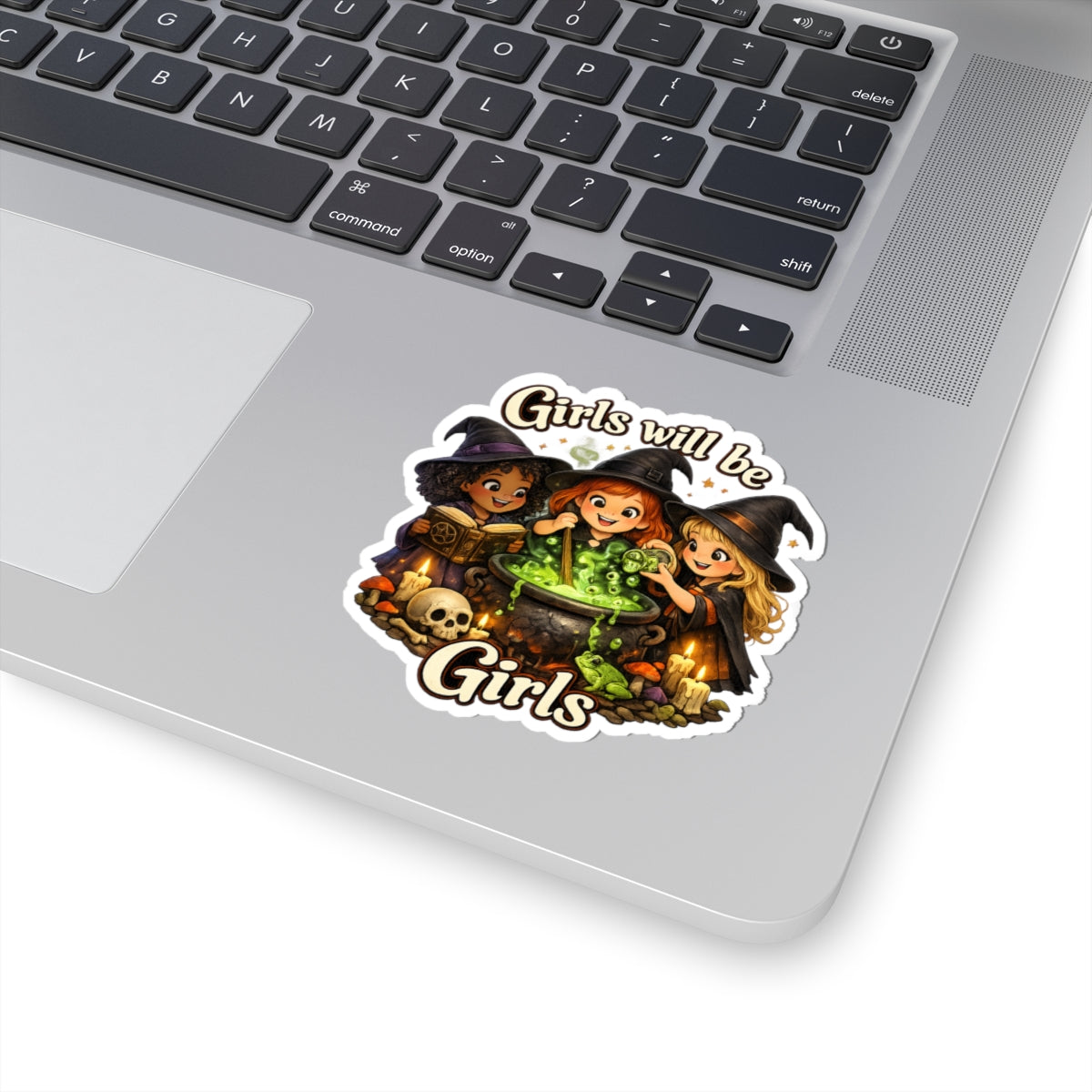 Girls Will Be Girls Witch Sticker — Cute Trio Witches Brewing Cauldron Kiss-Cut Sticker