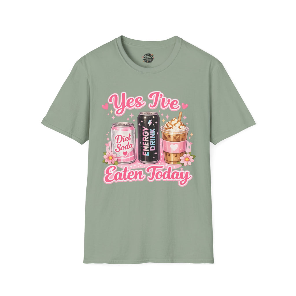 Funny Caffeine Lover Shirt – “Yes I’ve Eaten Today” Diet Soda, Energy Drink & Iced Coffee Tee – Girly Basic Coffee Girl T-Shirt