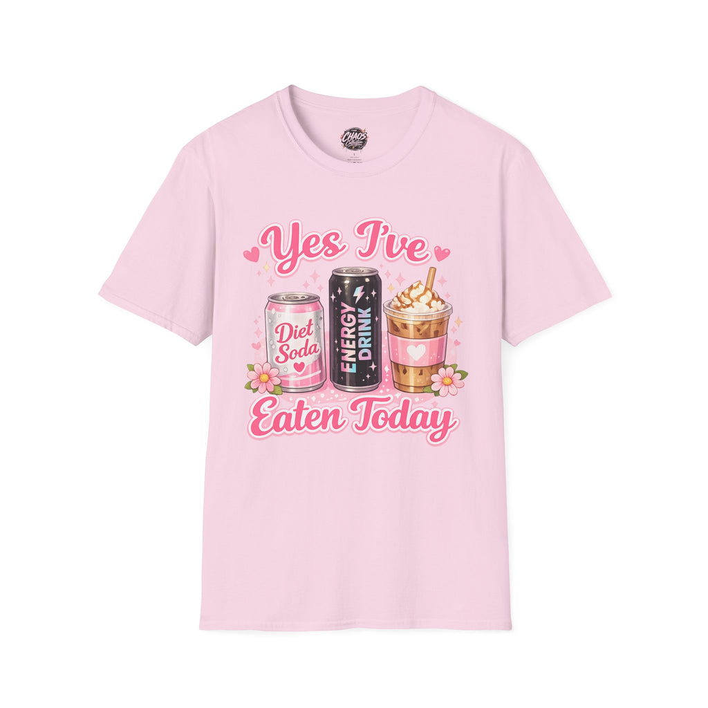 Funny Caffeine Lover Shirt – “Yes I’ve Eaten Today” Diet Soda, Energy Drink & Iced Coffee Tee – Girly Basic Coffee Girl T-Shirt