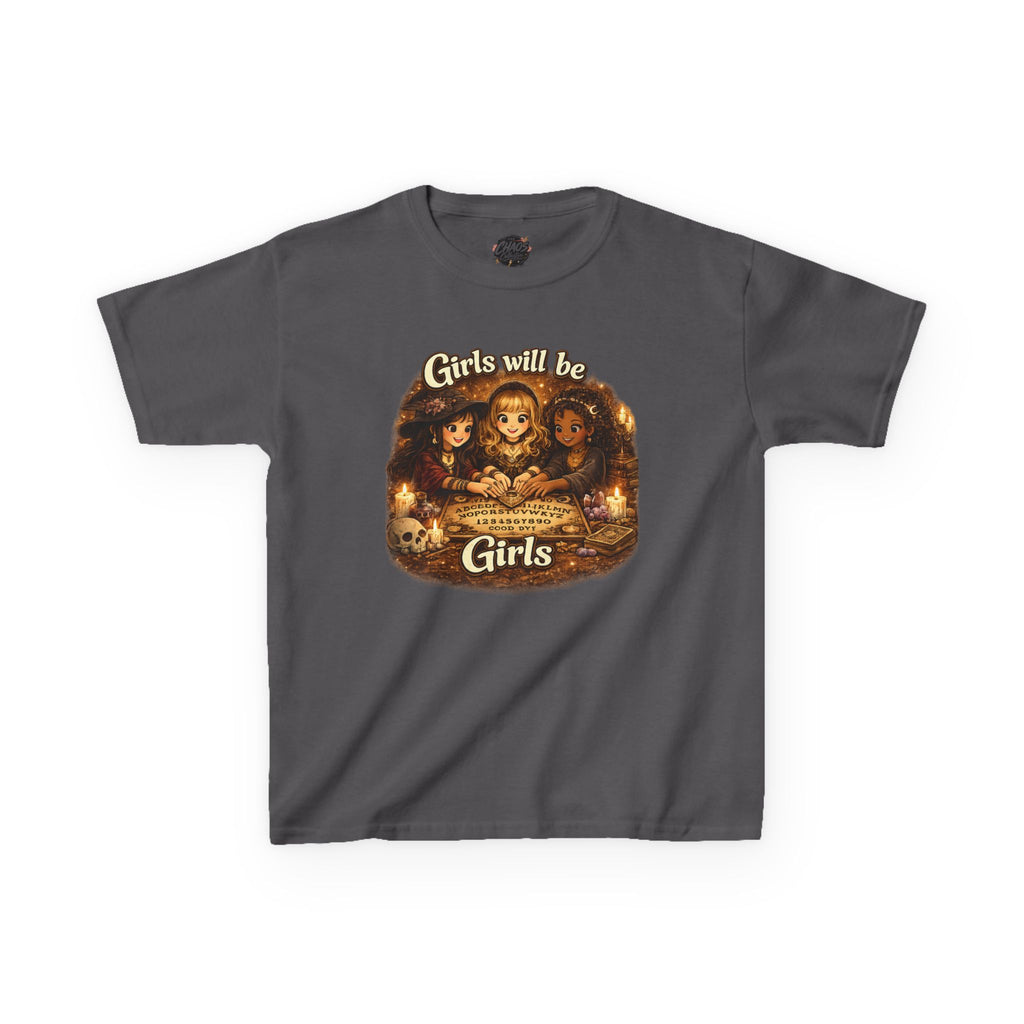 Girls Will Be Girls Kids Tee — Vintage Floral Trio Graphic Shirt - Witchy Girls Ouija Board Shirt - Spooky Cute Girls Shirt