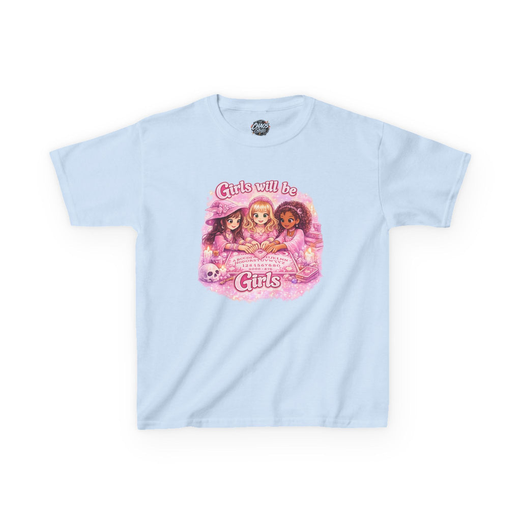 Girls Will Be Girls Kids T‑Shirt — Pink Retro Friendship Graphic Tee - Girls Will Be Girls Witchy Ouija Board Shirt - Trendy Witchcore Graphic Tee