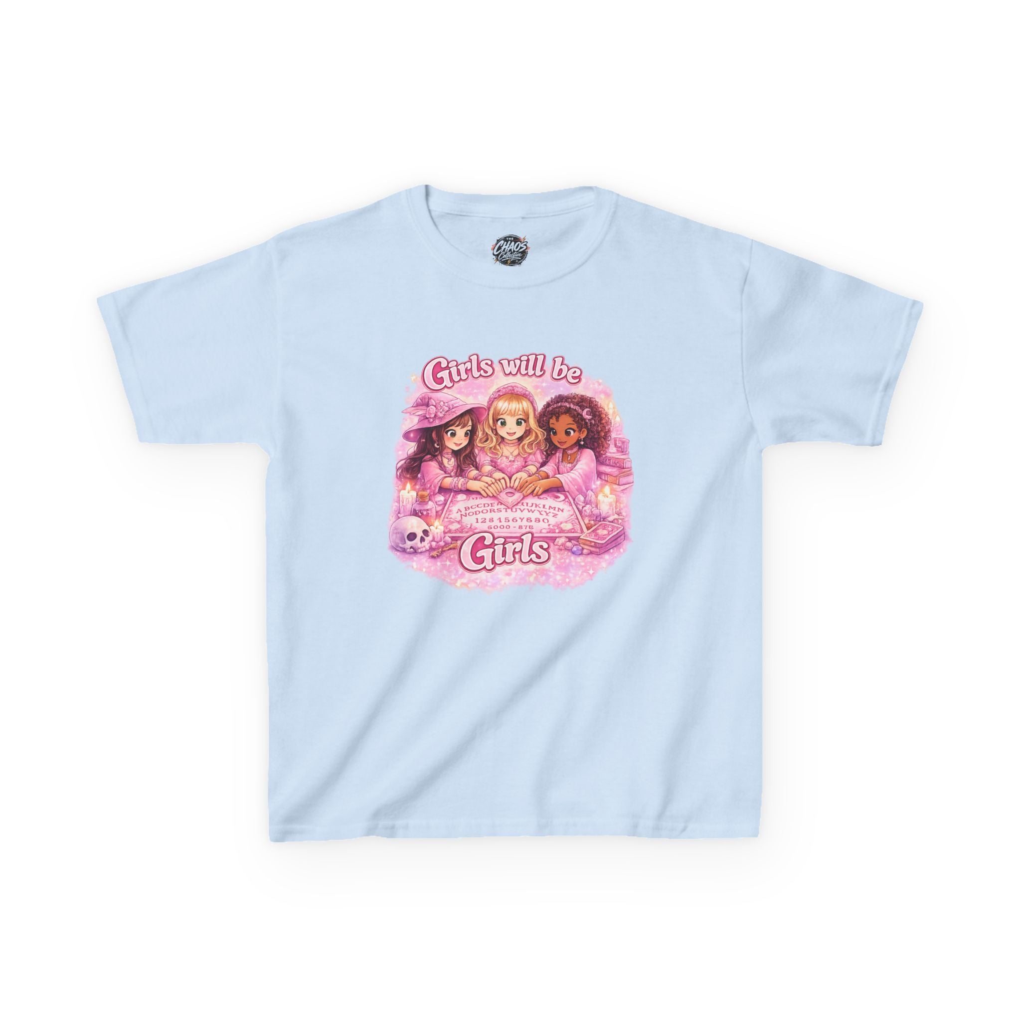 Girls Will Be Girls Kids T‑Shirt — Pink Retro Friendship Graphic Tee - Girls Will Be Girls Witchy Ouija Board Shirt - Trendy Witchcore Graphic Tee