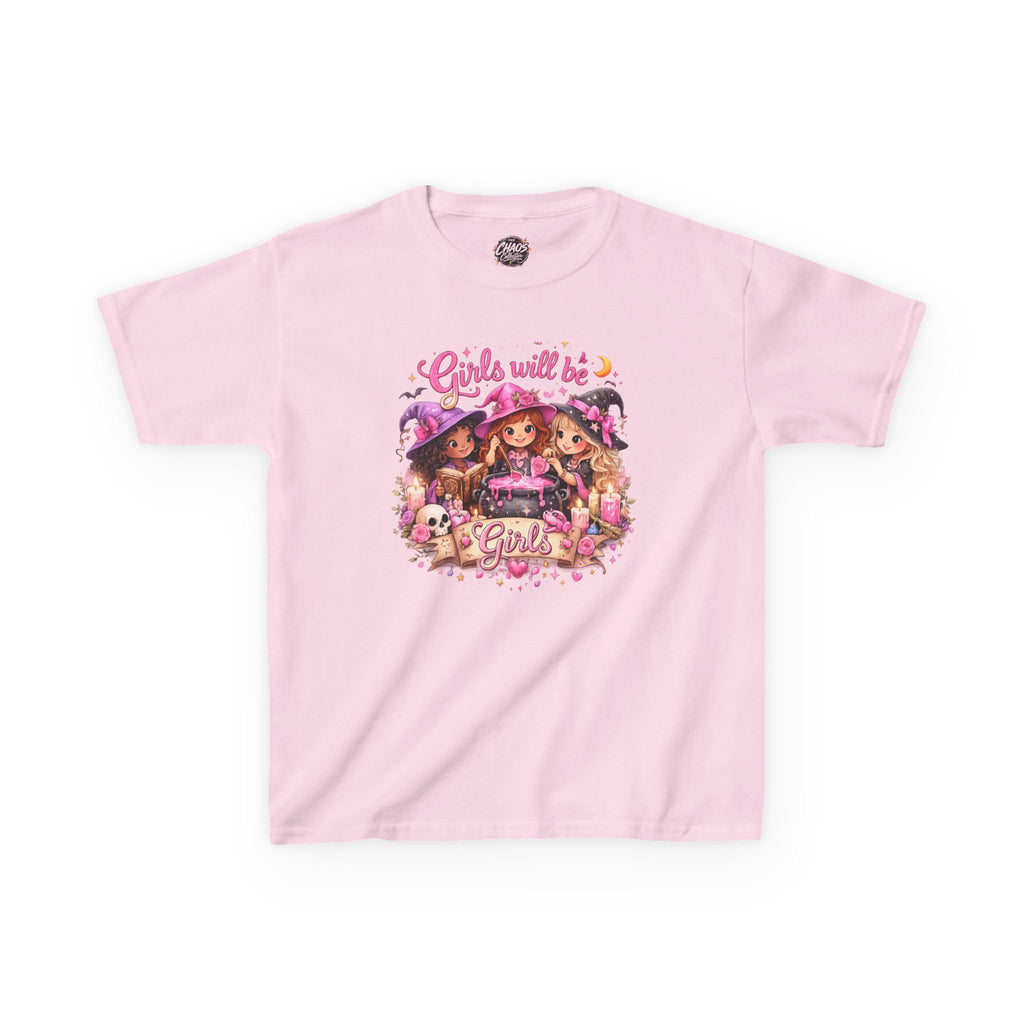 Girls Will Be Girls Kids T-Shirt — Cute Witch Costume Graphic Tee for Halloween - irls Will Be Girls T-Shirt — Cute Witch Trio Halloween Tee - Girls Will Be Girls Witch Shirt – Cute Kawaii Pink Halloween Graphic Tee, Girly Witch Aesthetic Spooky Shirt