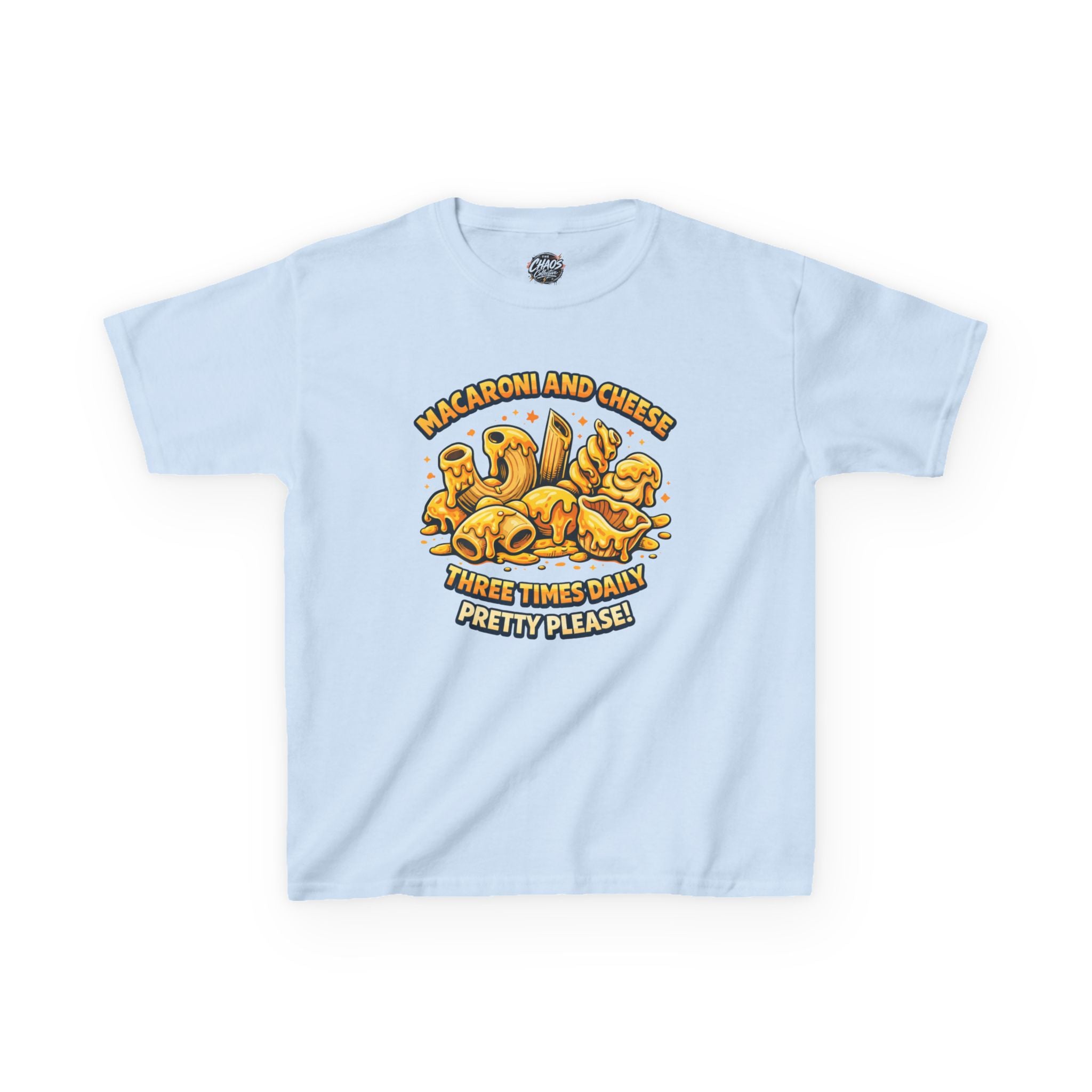 Kids Macaroni & Cheese Tee — "Macaroni and Cheese Three Times Daily, Pretty Please!"