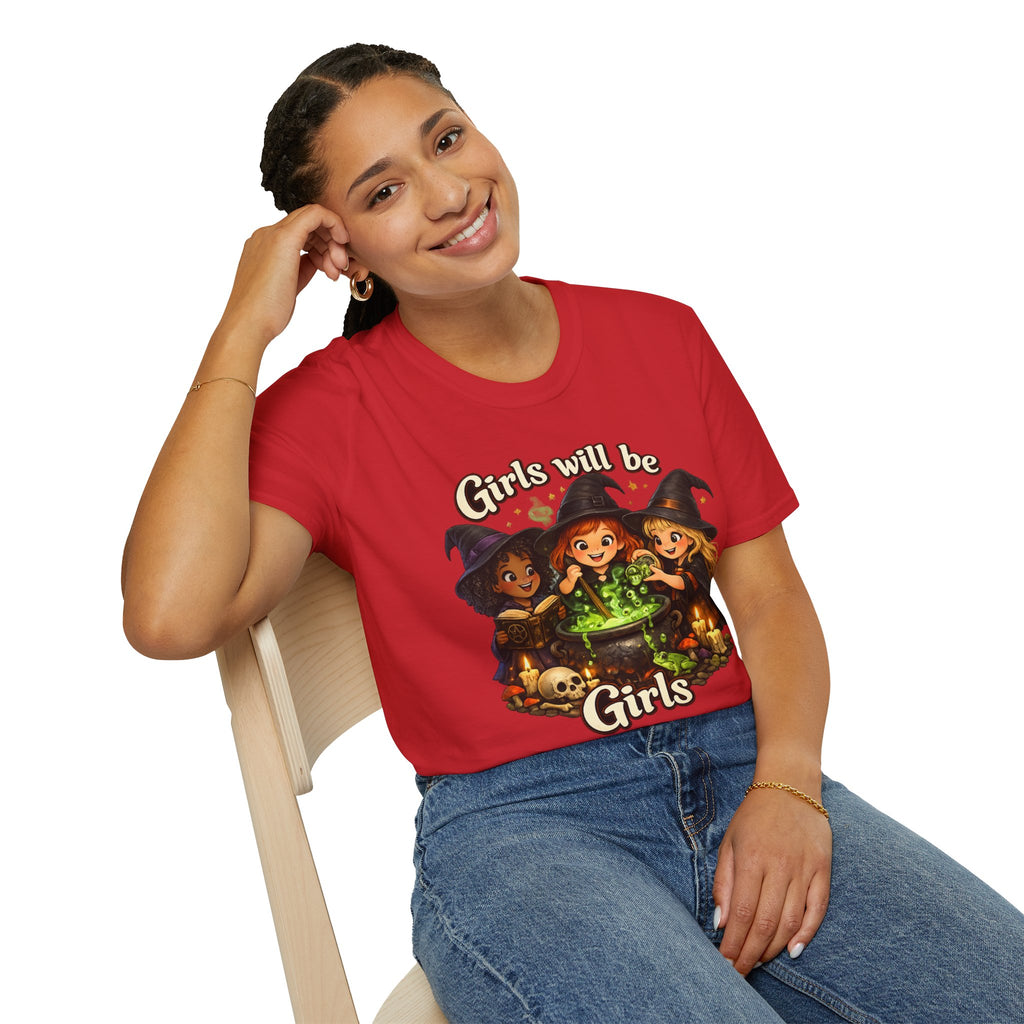 Girls Will Be Girls Witch T-Shirt — Cute Halloween Witch Trio Graphic Tee - Girls Will Be Girls Witch Shirt – Cute Pink Halloween Graphic Tee, Girly Witch Aesthetic Spooky Shirt