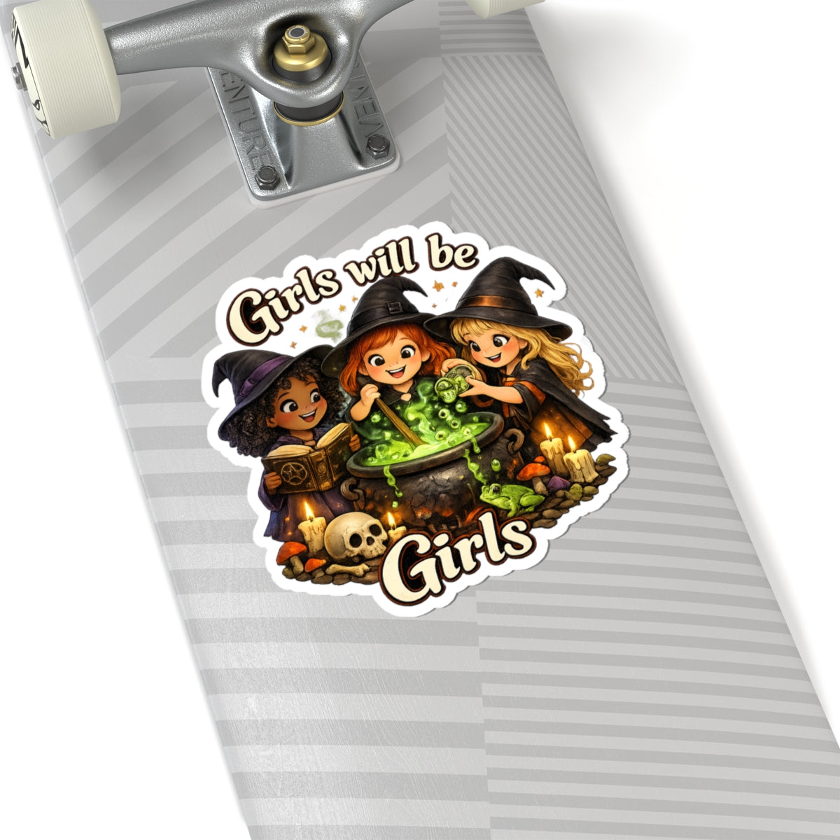 Girls Will Be Girls Witch Sticker — Cute Trio Witches Brewing Cauldron Kiss-Cut Sticker