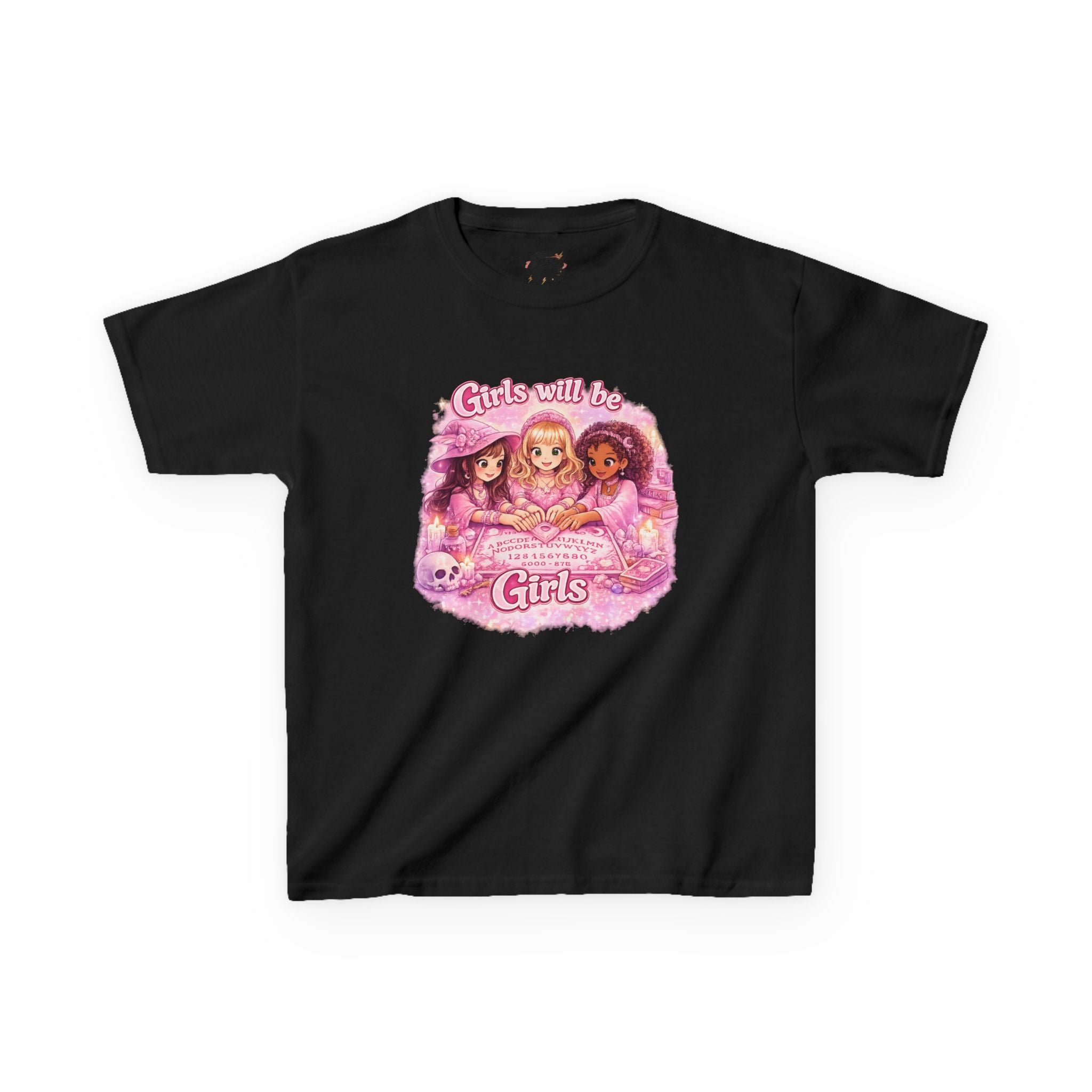 Girls Will Be Girls Kids T‑Shirt — Pink Retro Friendship Graphic Tee - Girls Will Be Girls Witchy Ouija Board Shirt - Trendy Witchcore Graphic Tee