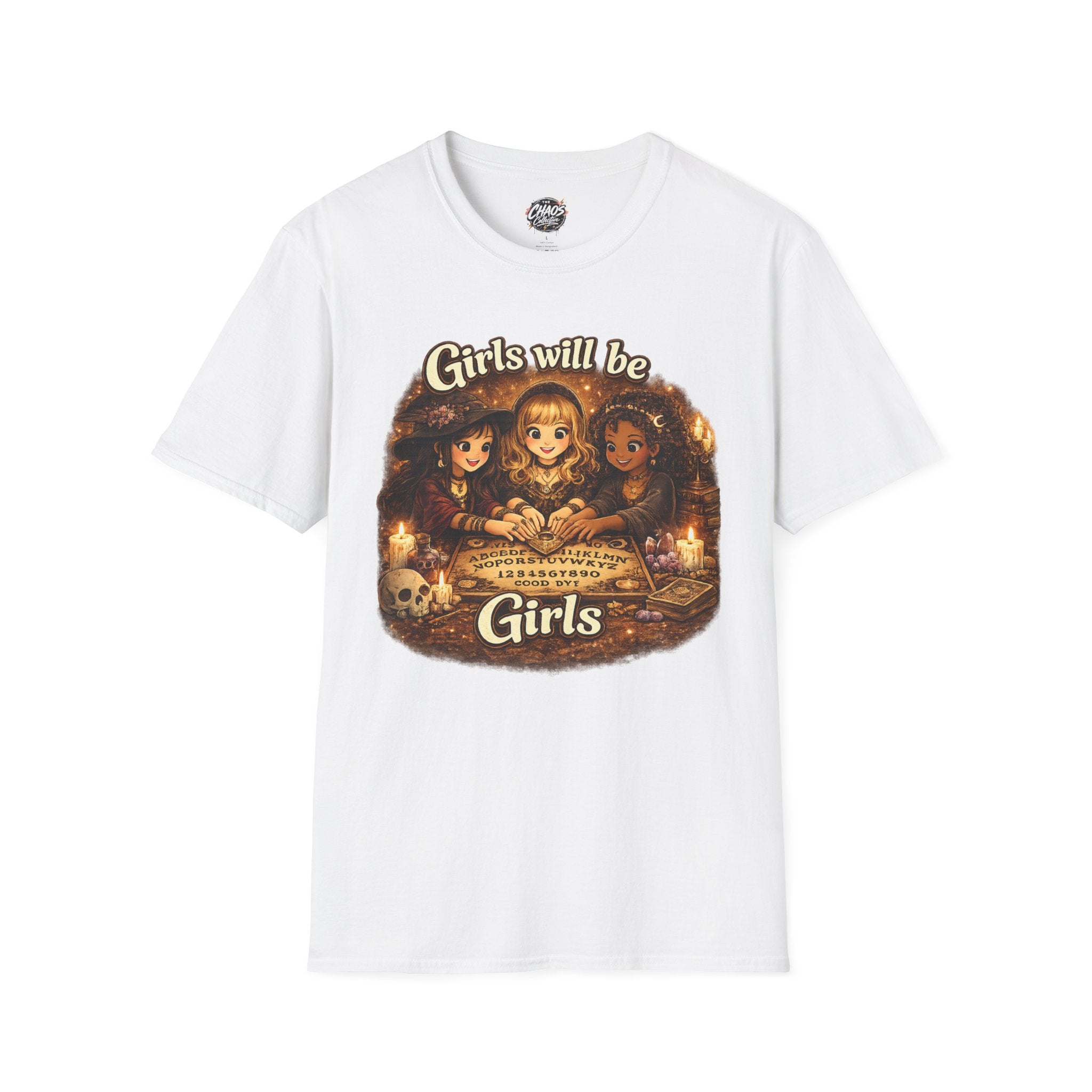 Girls Will Be Girls Kids Tee — Vintage Floral Trio Graphic Shirt - Witchy Girls Ouija Board Shirt - Spooky Cute Girls Shirt