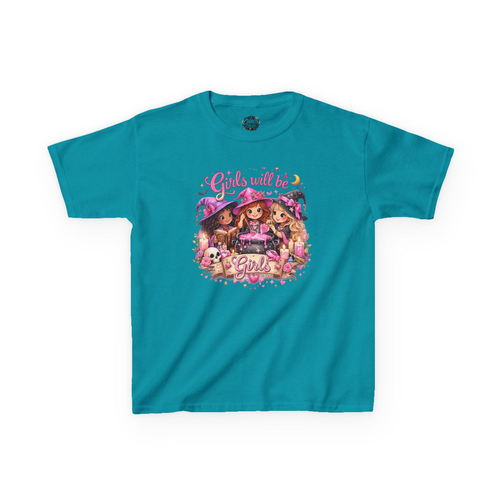 Girls Will Be Girls Kids T-Shirt — Cute Witch Costume Graphic Tee for Halloween - irls Will Be Girls T-Shirt — Cute Witch Trio Halloween Tee - Girls Will Be Girls Witch Shirt – Cute Kawaii Pink Halloween Graphic Tee, Girly Witch Aesthetic Spooky Shirt
