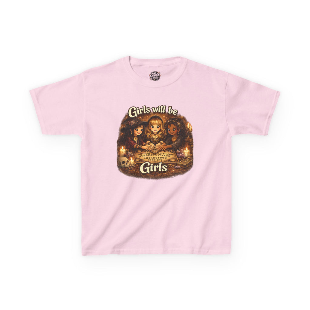 Girls Will Be Girls Kids Tee — Vintage Floral Trio Graphic Shirt - Witchy Girls Ouija Board Shirt - Spooky Cute Girls Shirt