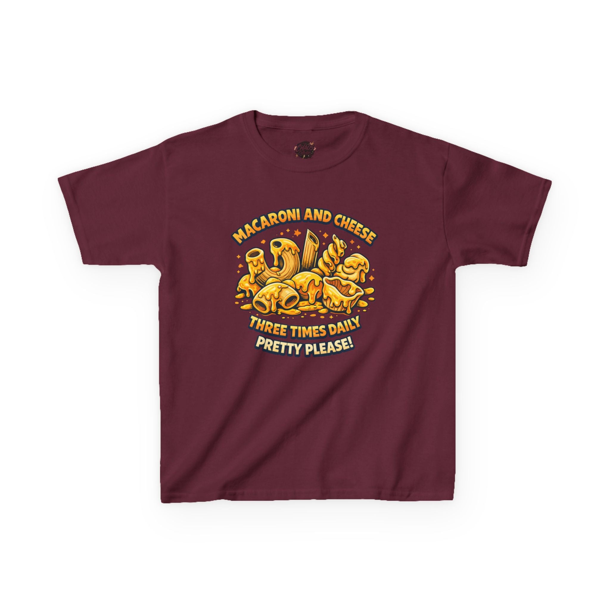 Kids Macaroni & Cheese Tee — "Macaroni and Cheese Three Times Daily, Pretty Please!"