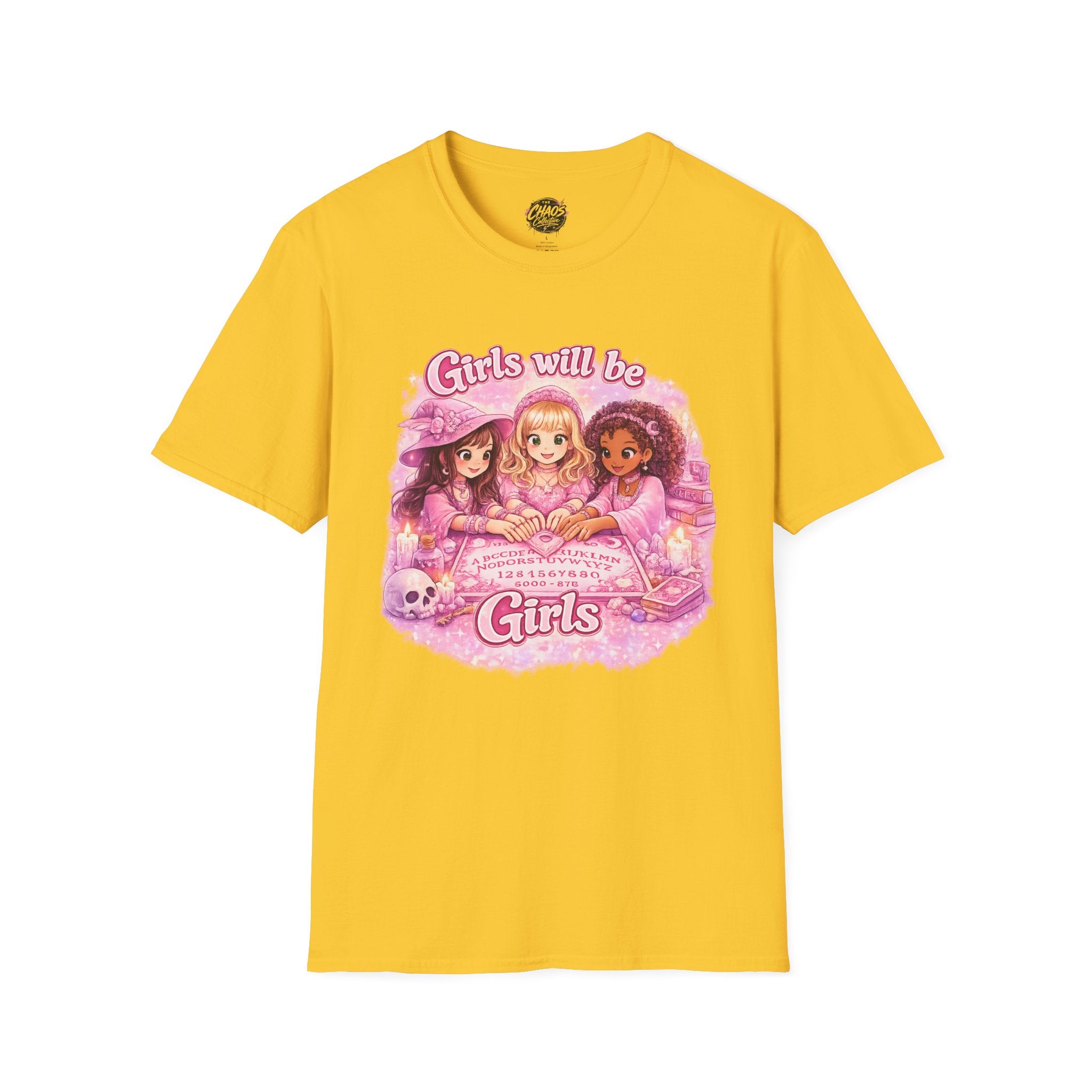 Girls Will Be Girls Women's T‑Shirt — Pink Retro Friendship Graphic Tee - Girls Will Be Girls Witchy Ouija Board Shirt - Trendy Witchcore Graphic Tee