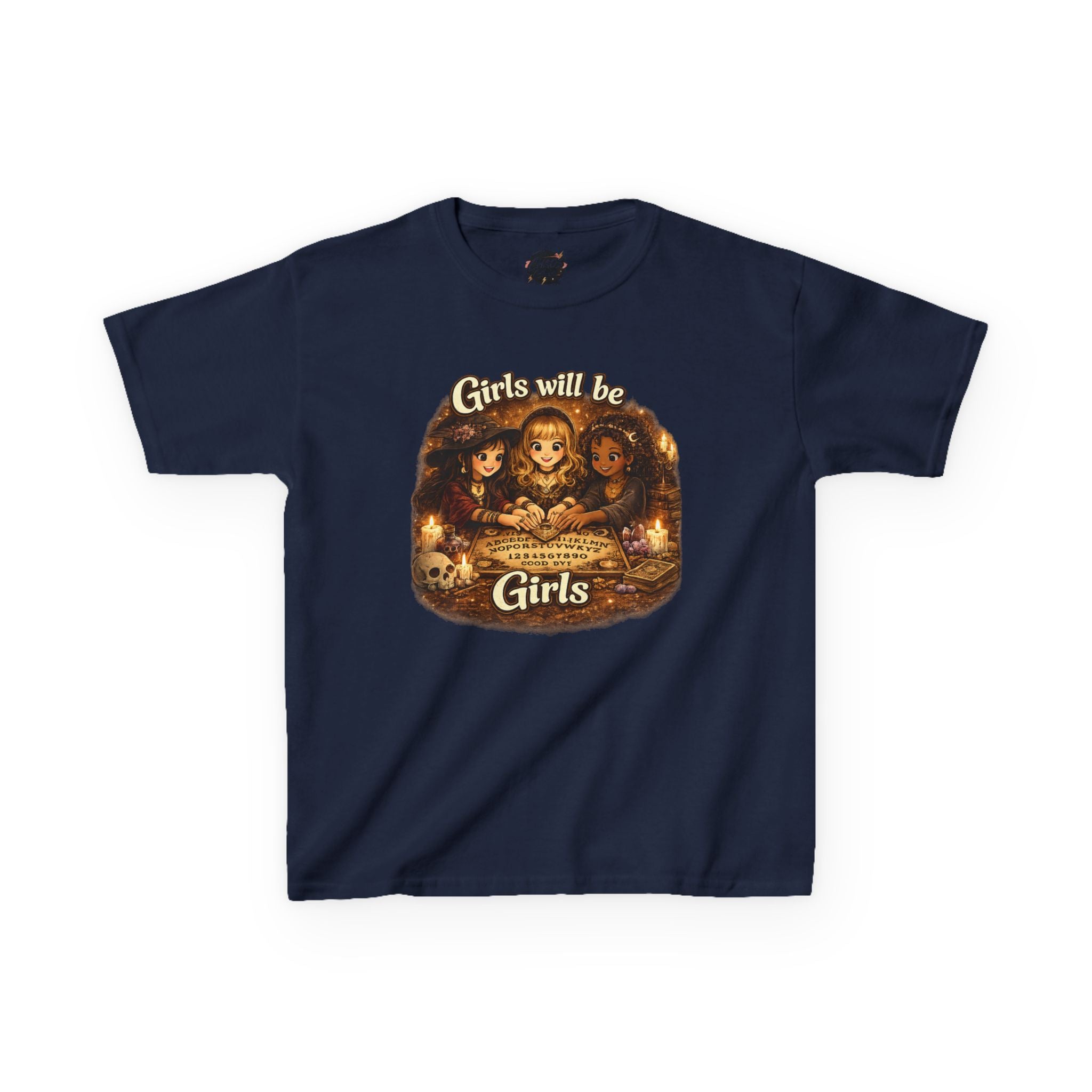 Girls Will Be Girls Kids Tee — Vintage Floral Trio Graphic Shirt - Witchy Girls Ouija Board Shirt - Spooky Cute Girls Shirt
