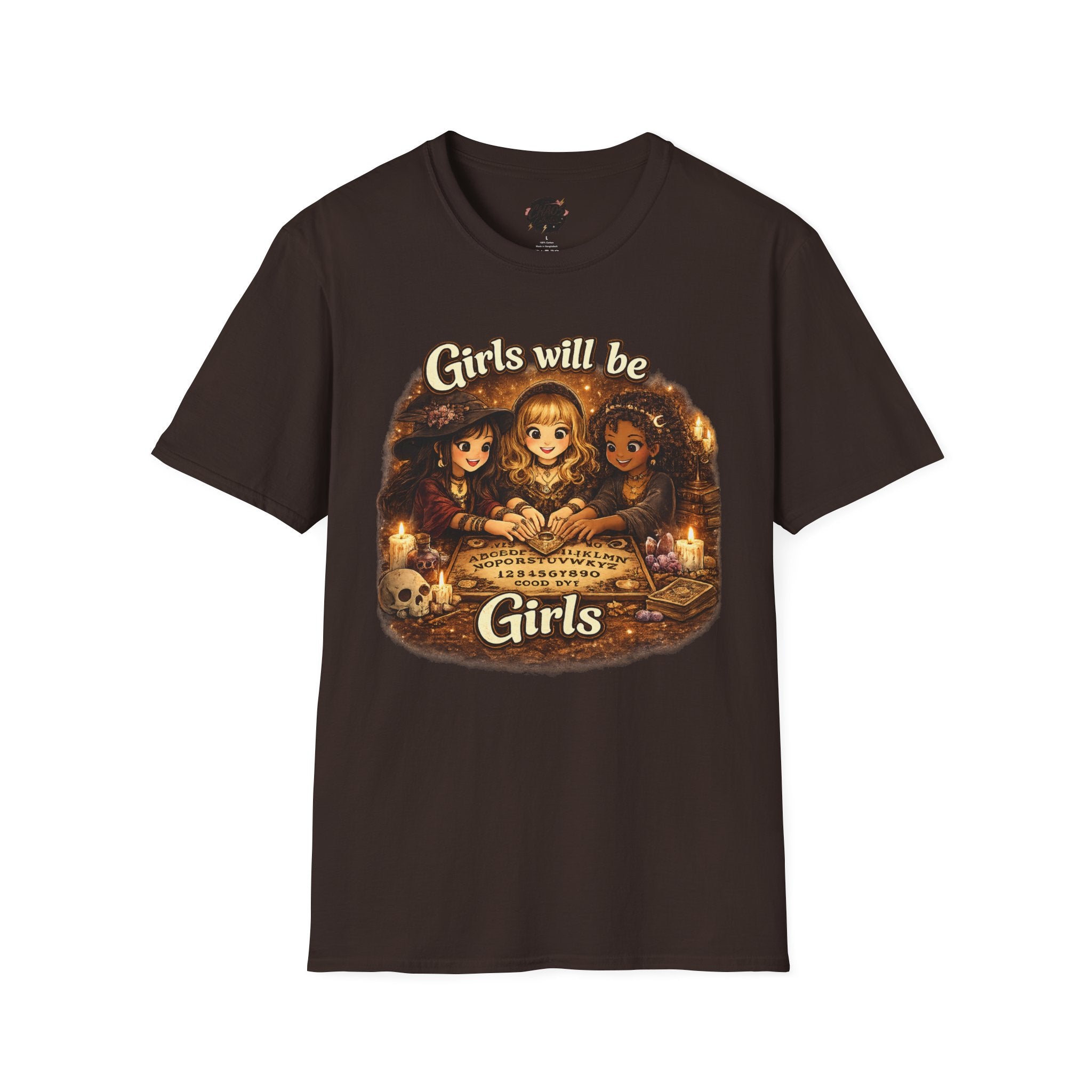 Girls Will Be Girls Kids Tee — Vintage Floral Trio Graphic Shirt - Witchy Girls Ouija Board Shirt - Spooky Cute Girls Shirt