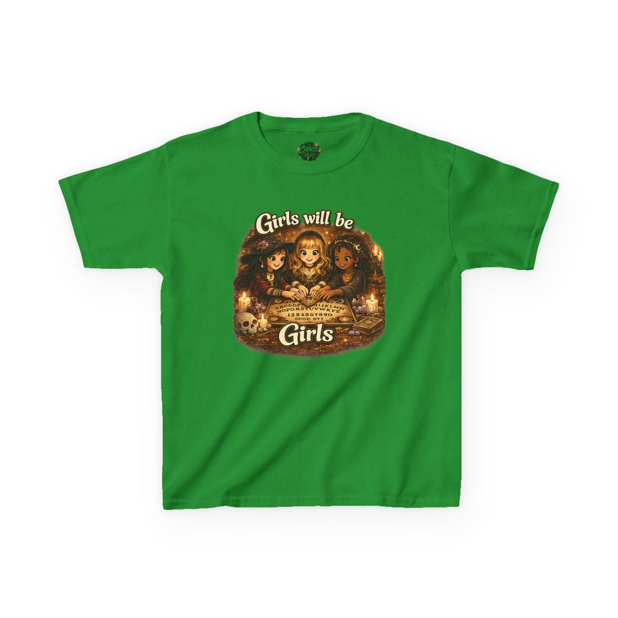 Girls Will Be Girls Kids Tee — Vintage Floral Trio Graphic Shirt - Witchy Girls Ouija Board Shirt - Spooky Cute Girls Shirt