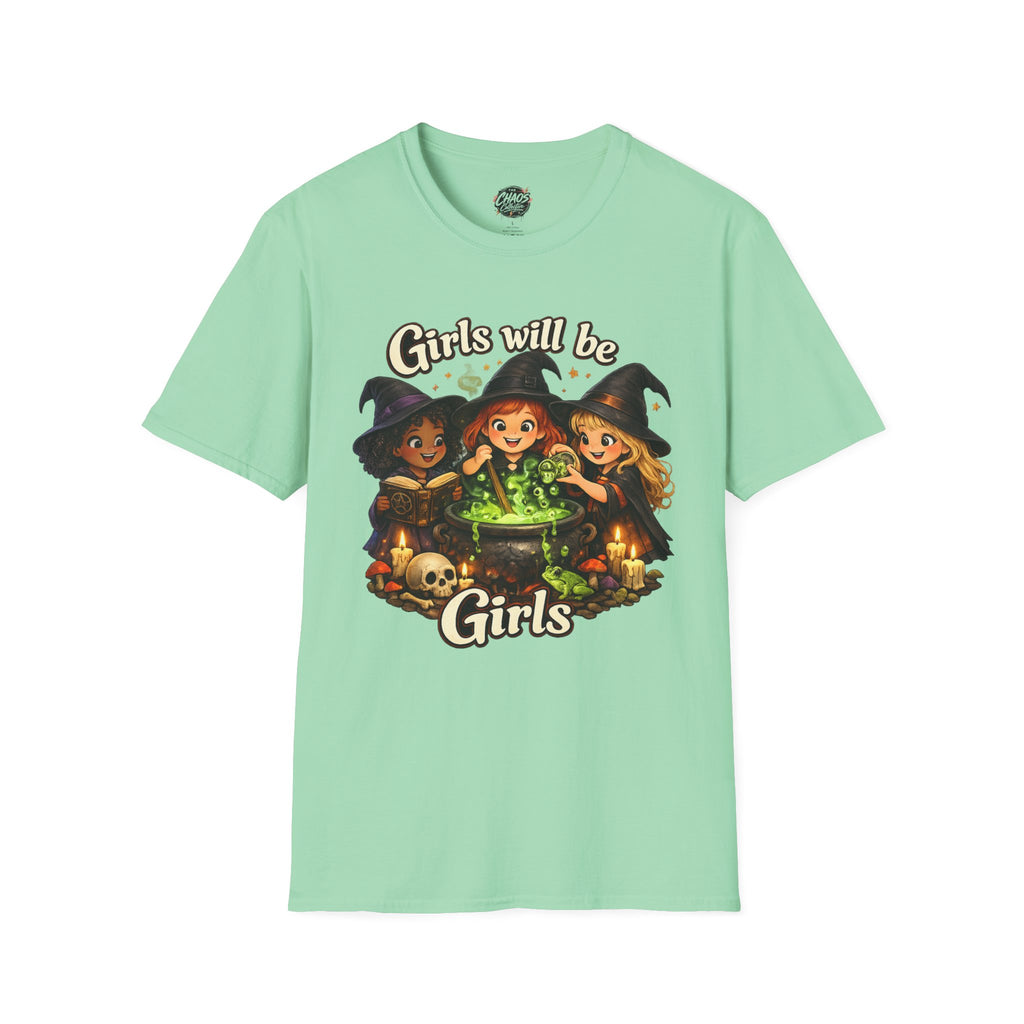 Girls Will Be Girls Witch T-Shirt — Cute Halloween Witch Trio Graphic Tee - Girls Will Be Girls Witch Shirt – Cute Pink Halloween Graphic Tee, Girly Witch Aesthetic Spooky Shirt