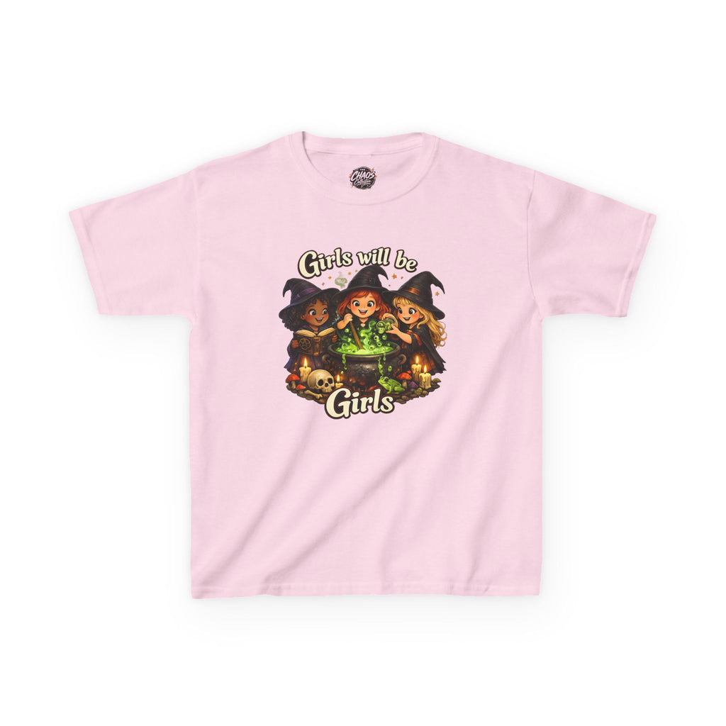 Kids Witch Tee — "Girls Will Be Girls" Halloween Graphic Shirt - Girls Will Be Girls Witch T-Shirt — Cute Halloween Witch Trio Graphic Tee - Girls Will Be Girls Witch Shirt – Cute Pink Halloween Graphic Tee, Girly Witch Aesthetic Spooky Shirt