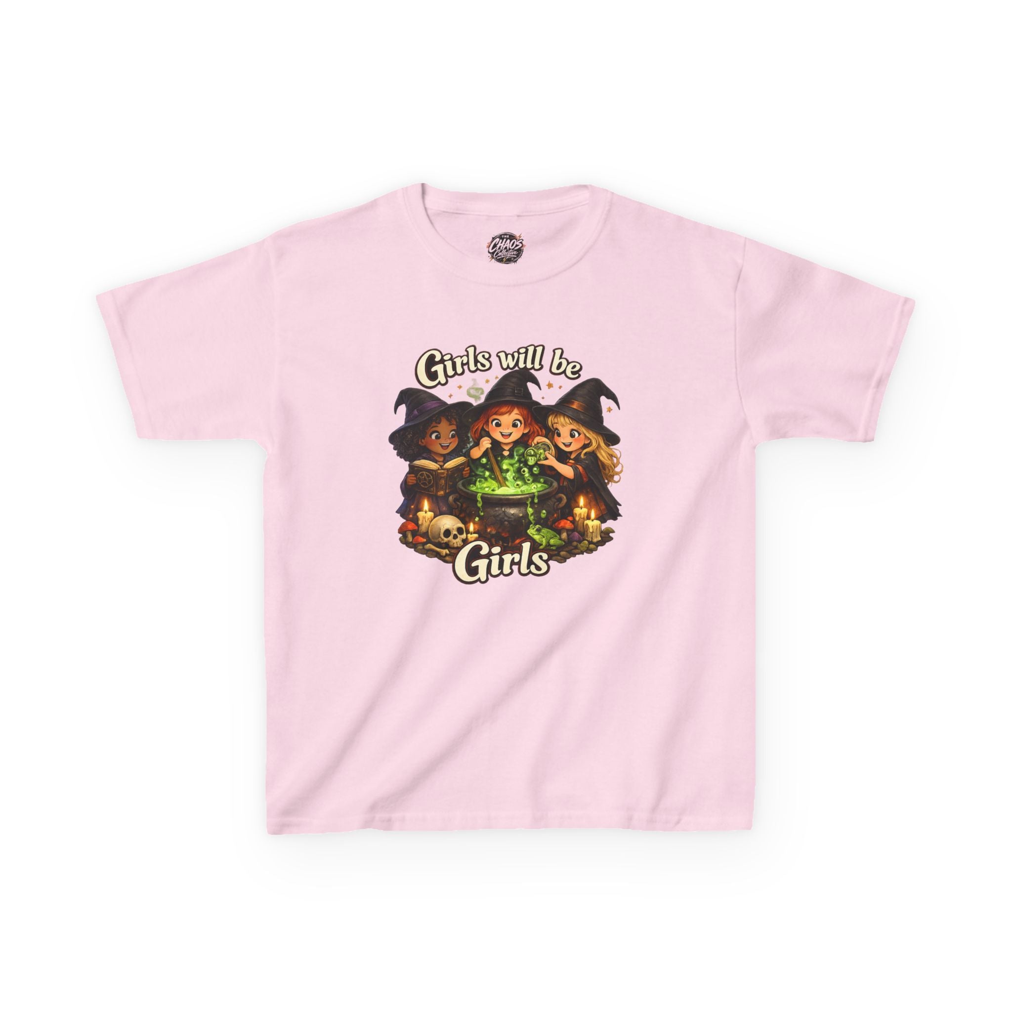 Kids Witch Tee — "Girls Will Be Girls" Halloween Graphic Shirt - Girls Will Be Girls Witch T-Shirt — Cute Halloween Witch Trio Graphic Tee - Girls Will Be Girls Witch Shirt – Cute Pink Halloween Graphic Tee, Girly Witch Aesthetic Spooky Shirt